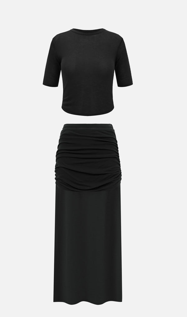 Short Sleeved Jersey Midi Skirt Sets In Black