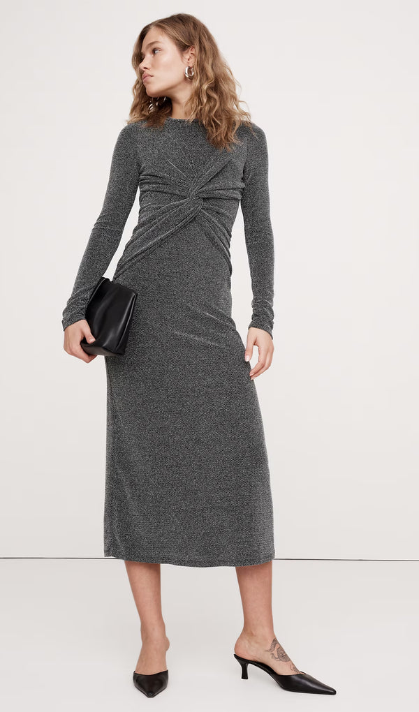 Sparkle Knit Twist-Front Midi Dress