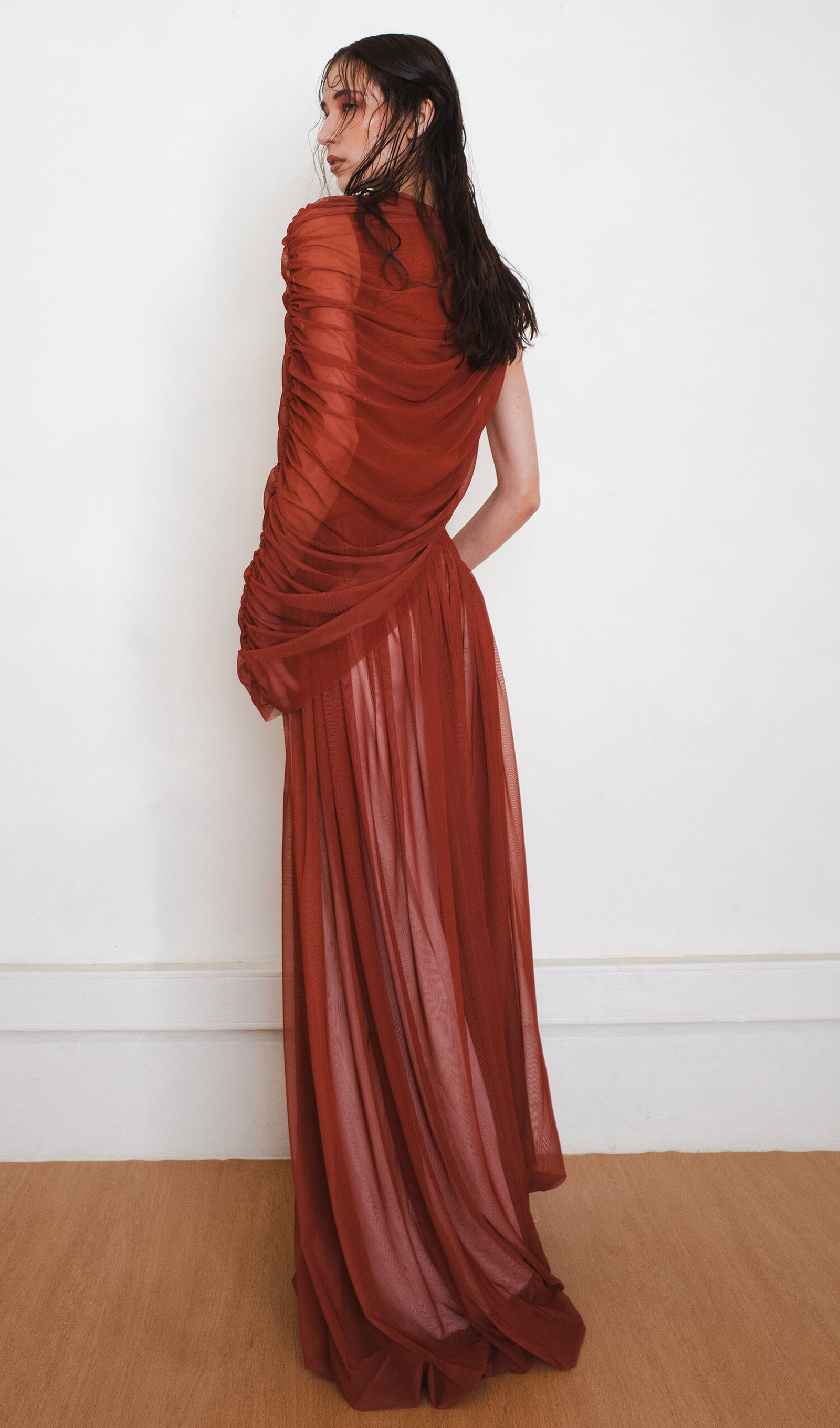 Cascade Draped Tulle-Blend Maxi Dress