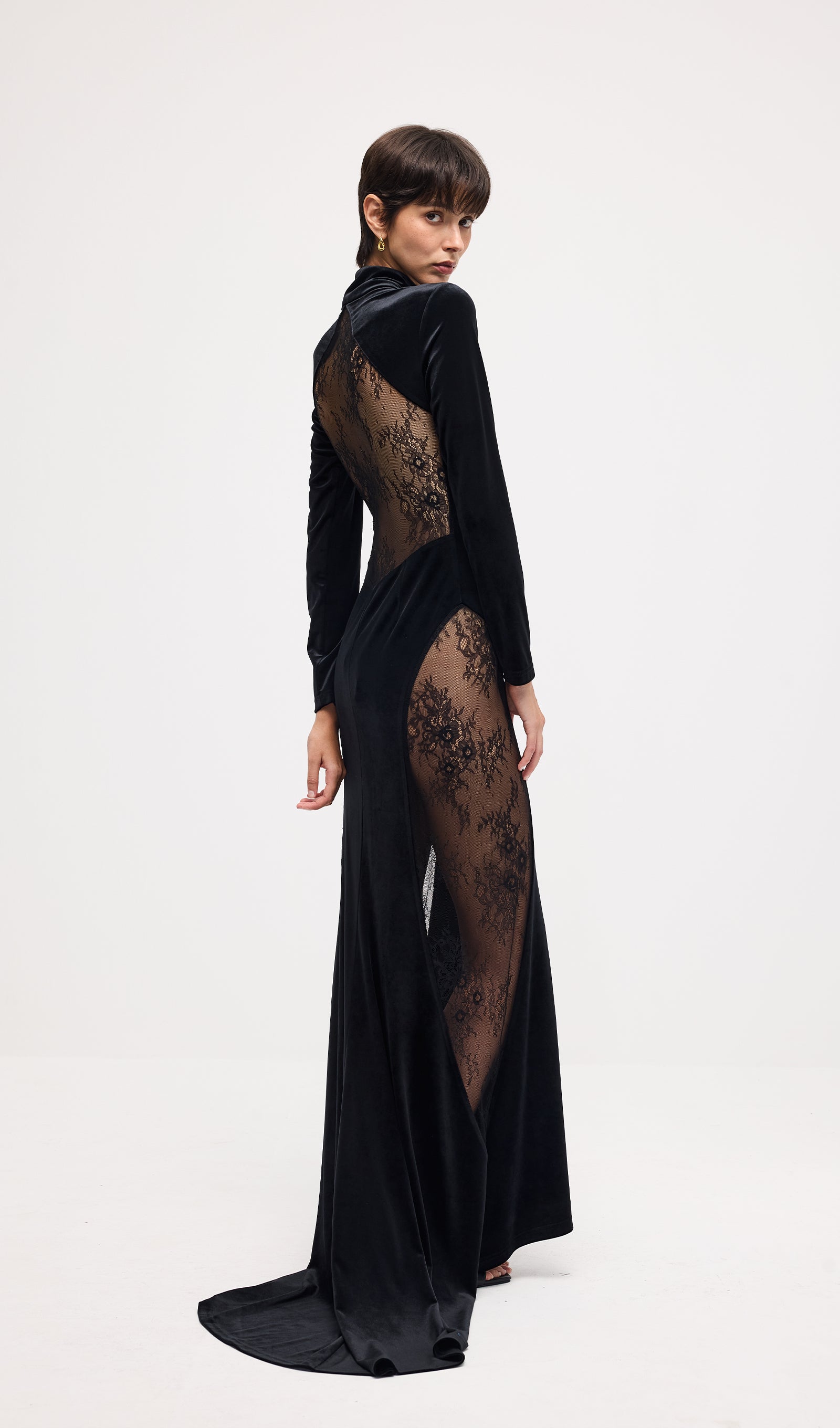 Semi-Sheer Lace Velvet Maxi Dress