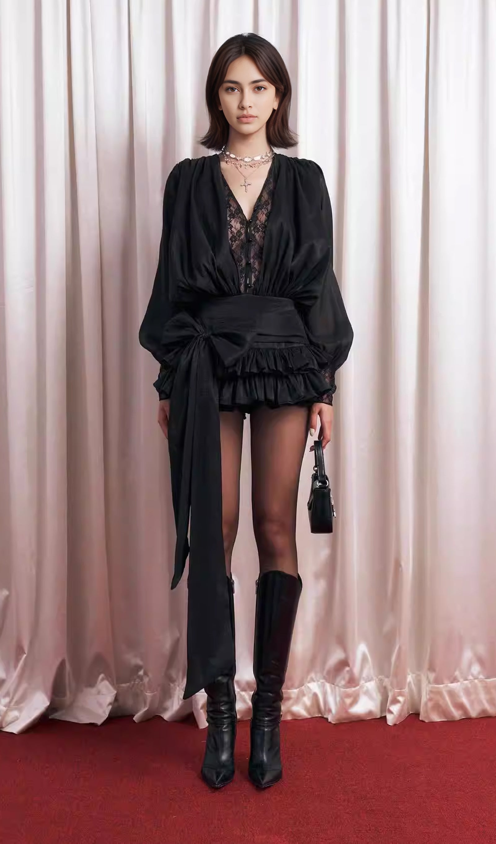 Lace Waist Panel Shirt Mini Dress In Black