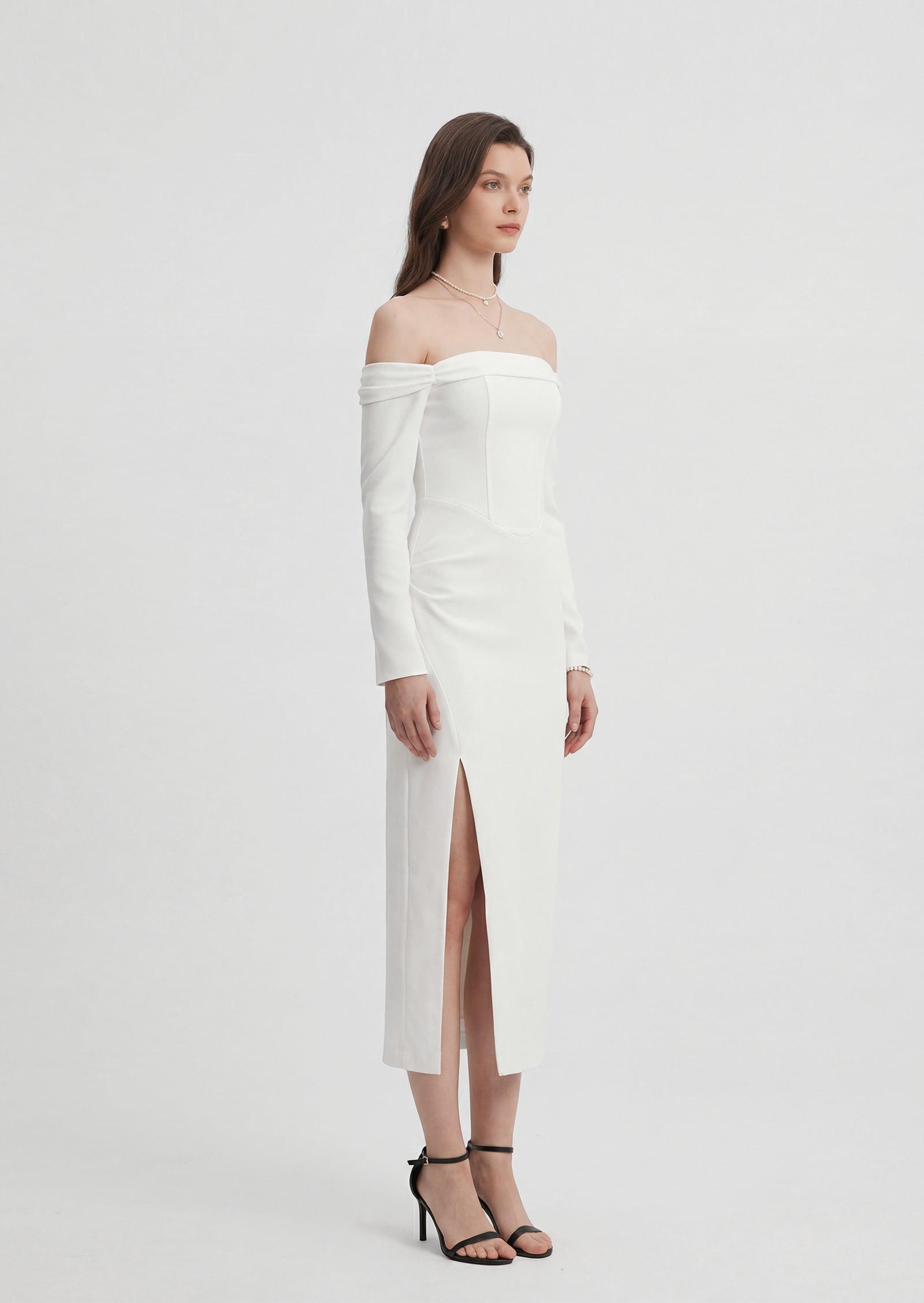 Solid Open Shoulders And Slit Midi Dress