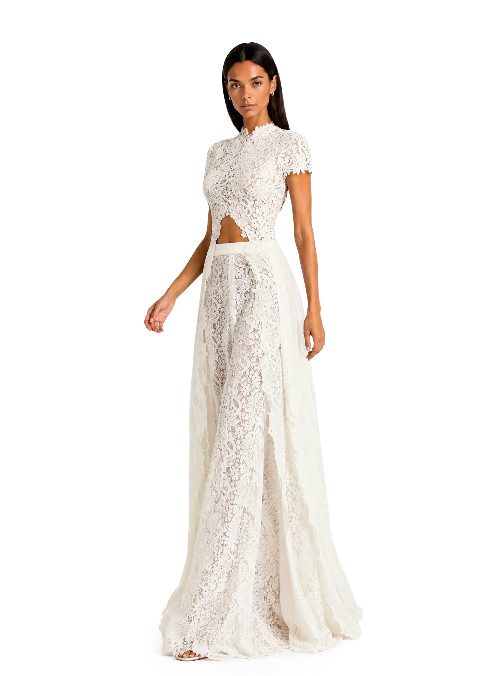 Waiola Long Top & Flared Pants Set In Lace In White
