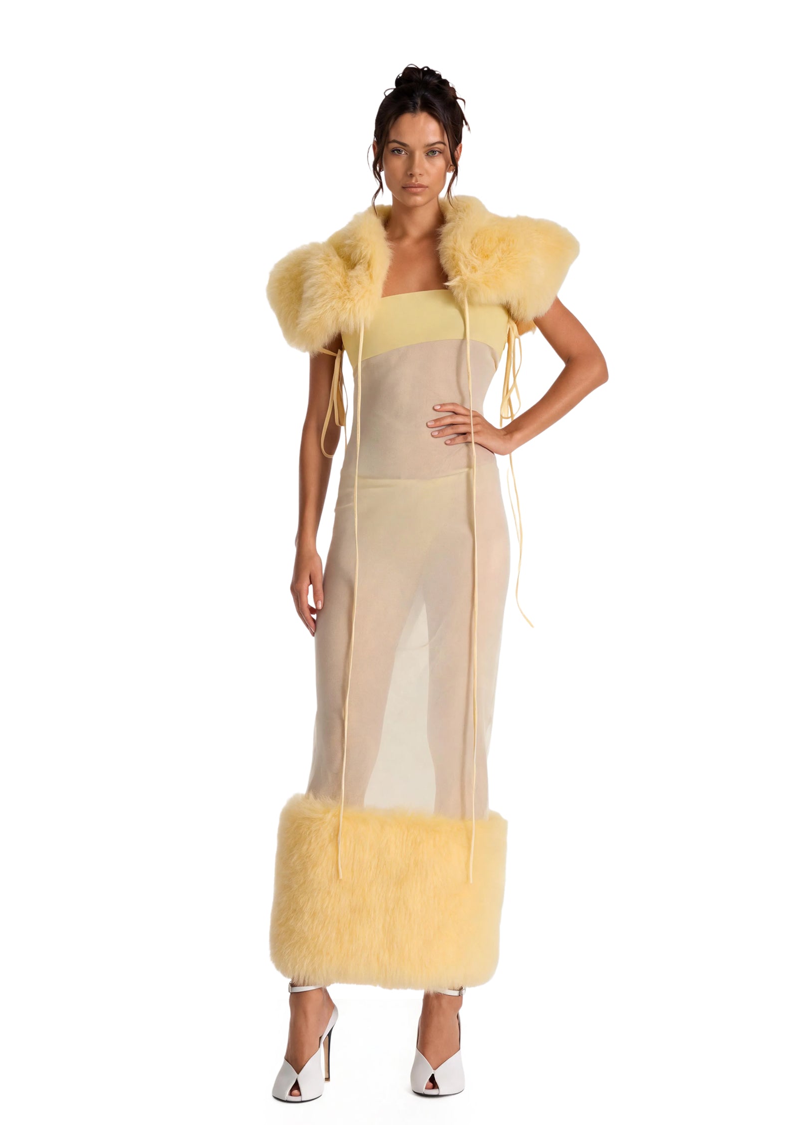Caesar Strapless Sheer Midi Dress In Yellow