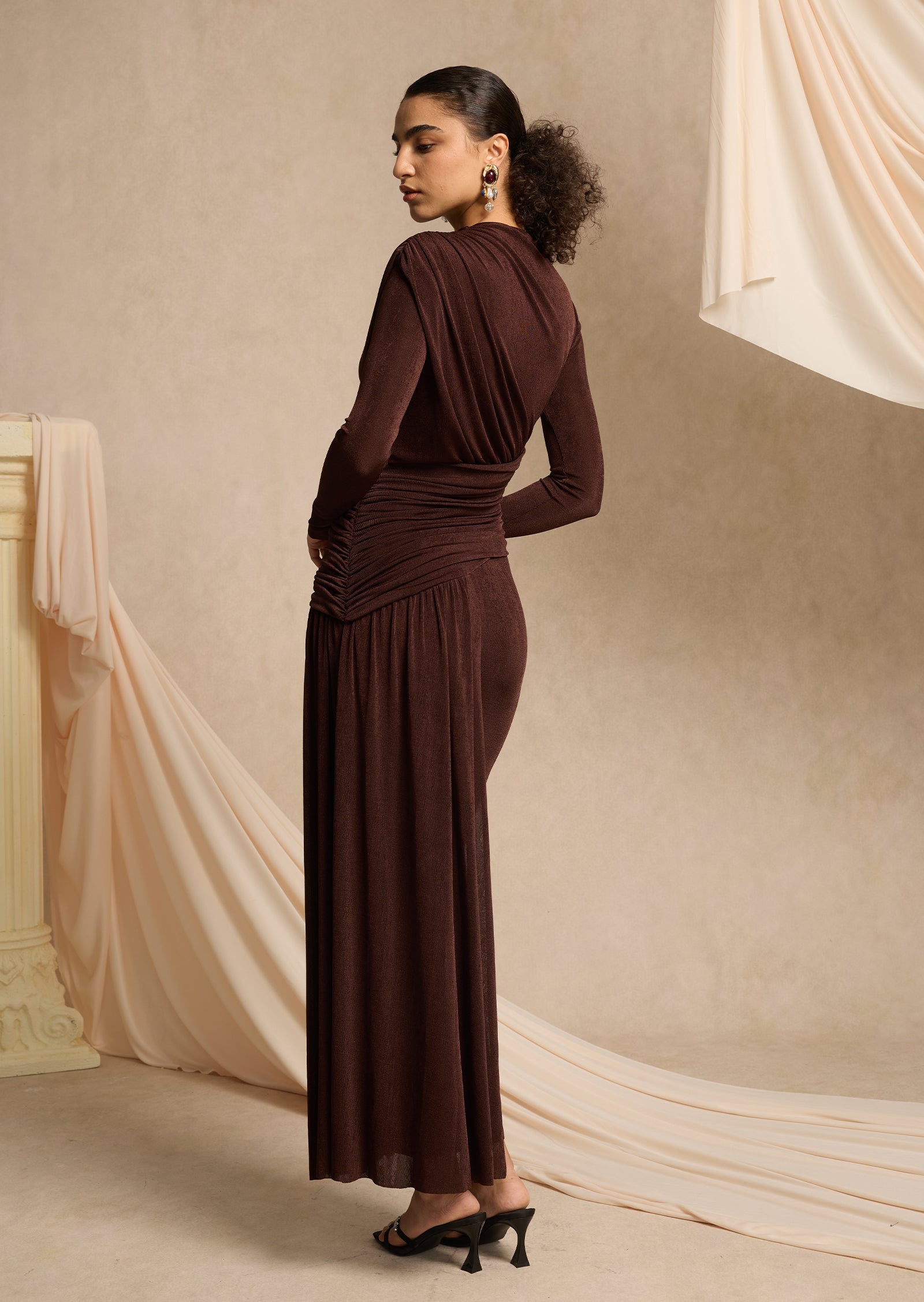 Asymmetrical Maxi Dress With Draped Hip In Brown