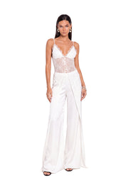 Easton Lace Slit Top And Satin Wide Leg Pants Set