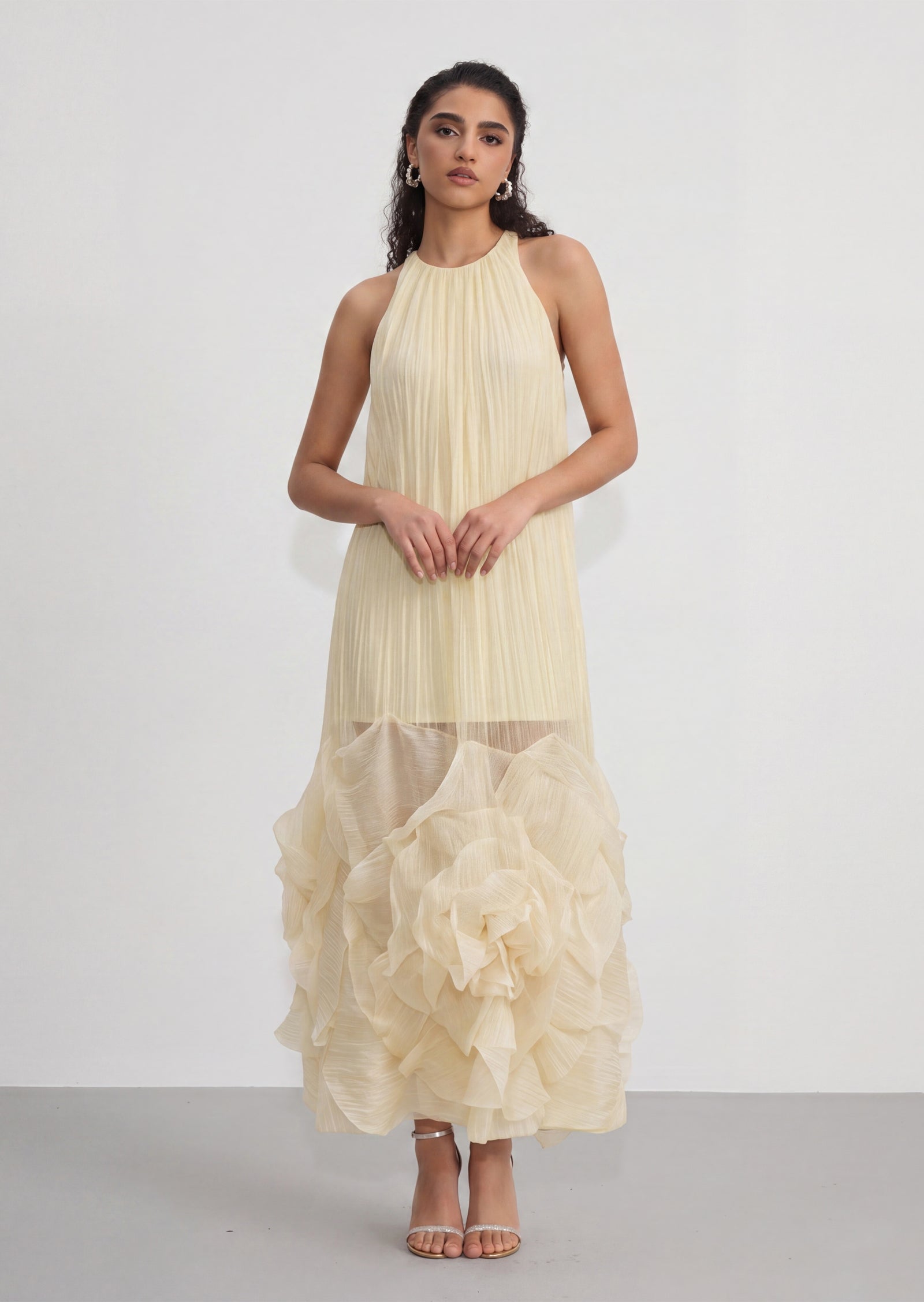 Enora Sleeveless Midi Dress With Rosette Hem