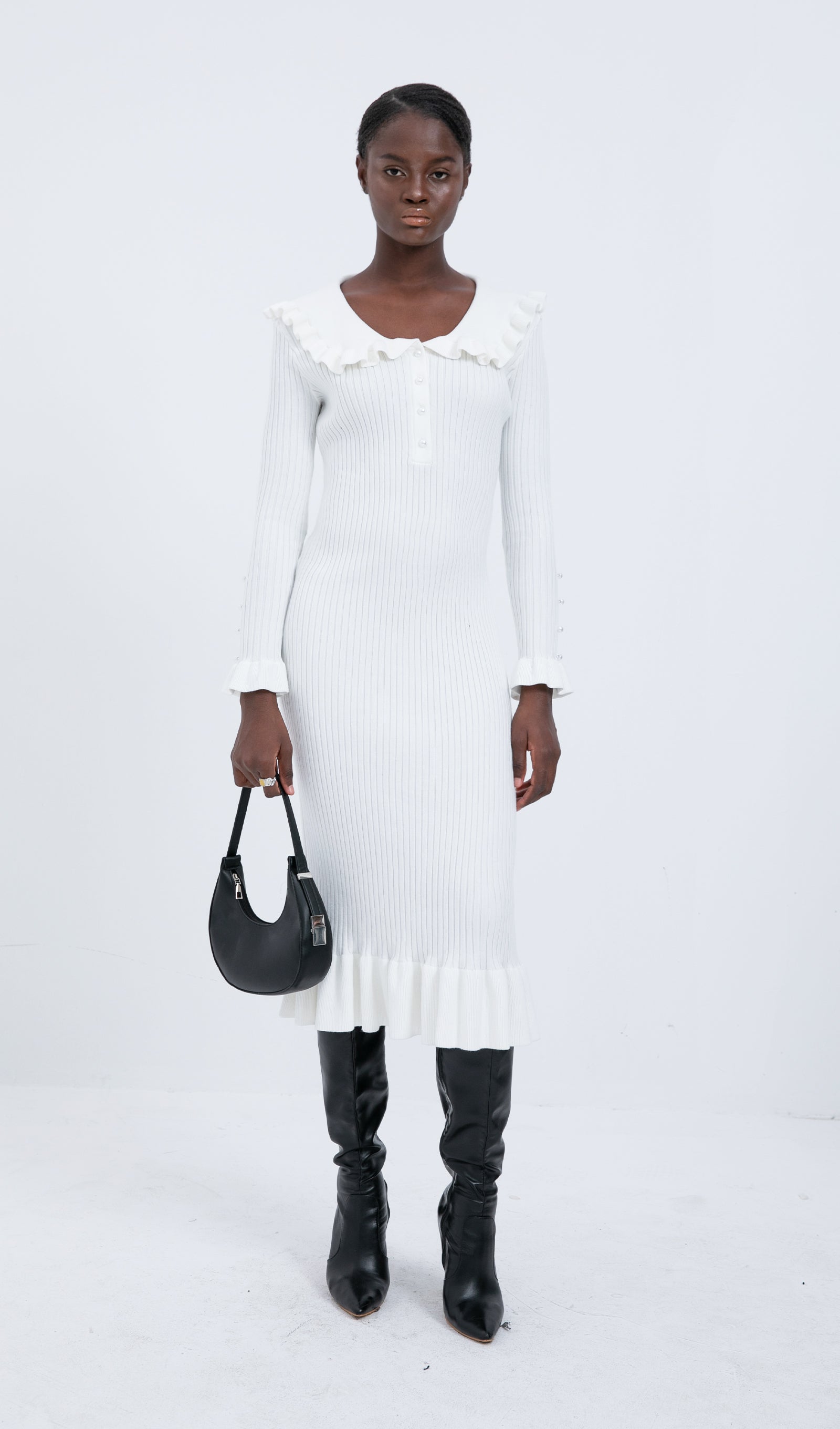 فستان ميدي عصري محبوك بكشكشة - أبيض 