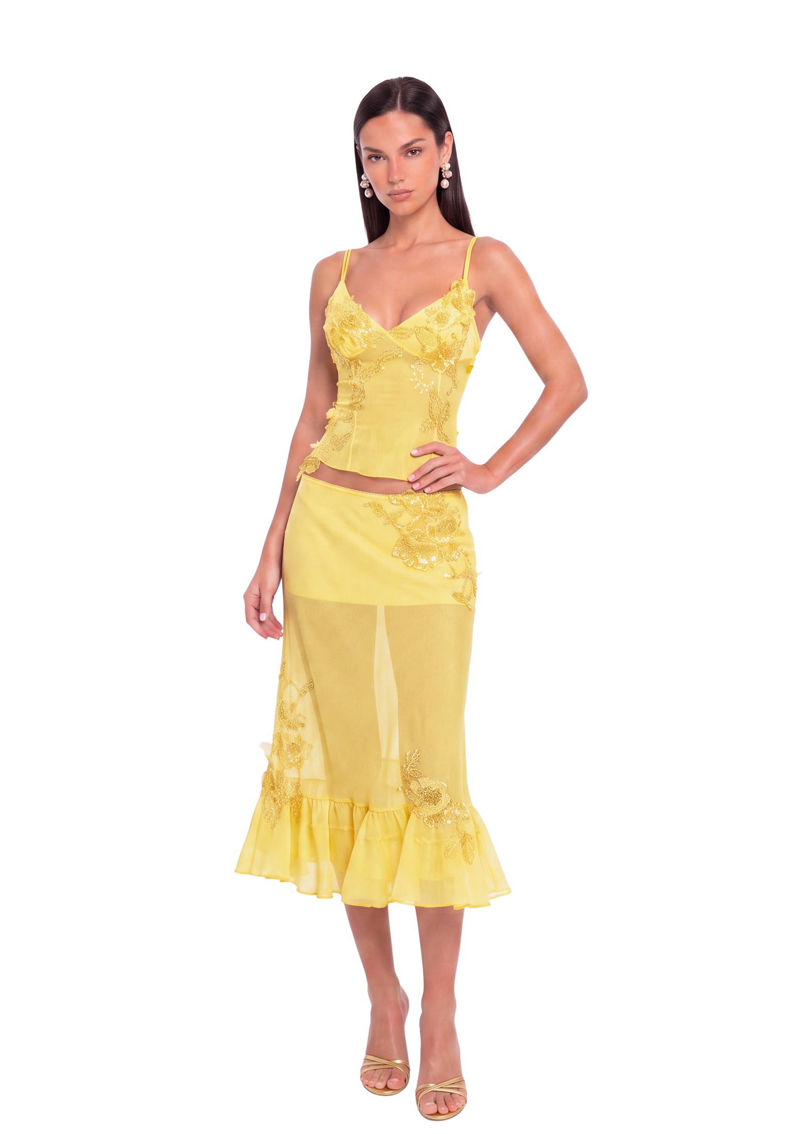 Jacinthe Top With Ruffled Lace Skirt Set In Yellow