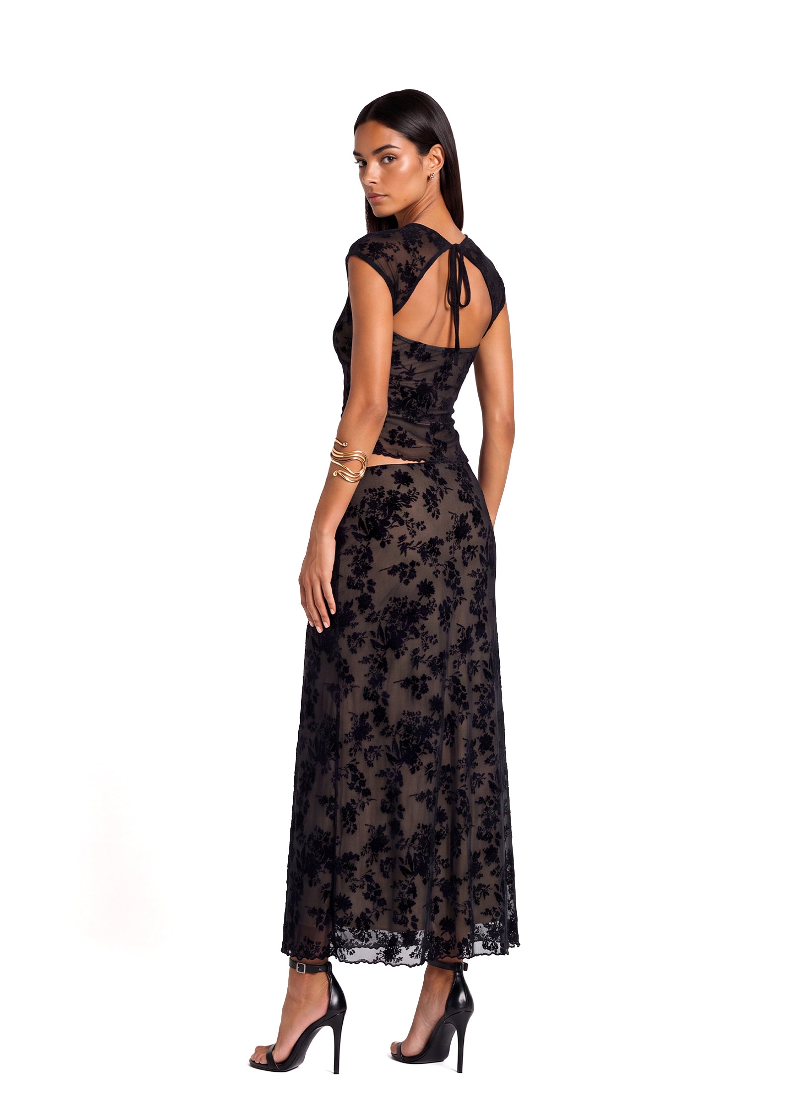 Bacca Lace Top And Midi Skirt Set In Black
