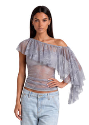 Cait Off Shoulder Ruffled Lace Top In Gray
