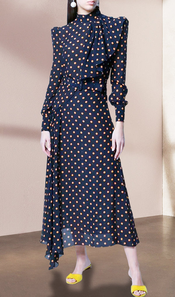 Long Sleeve Polka Dot Midi Swing Dress