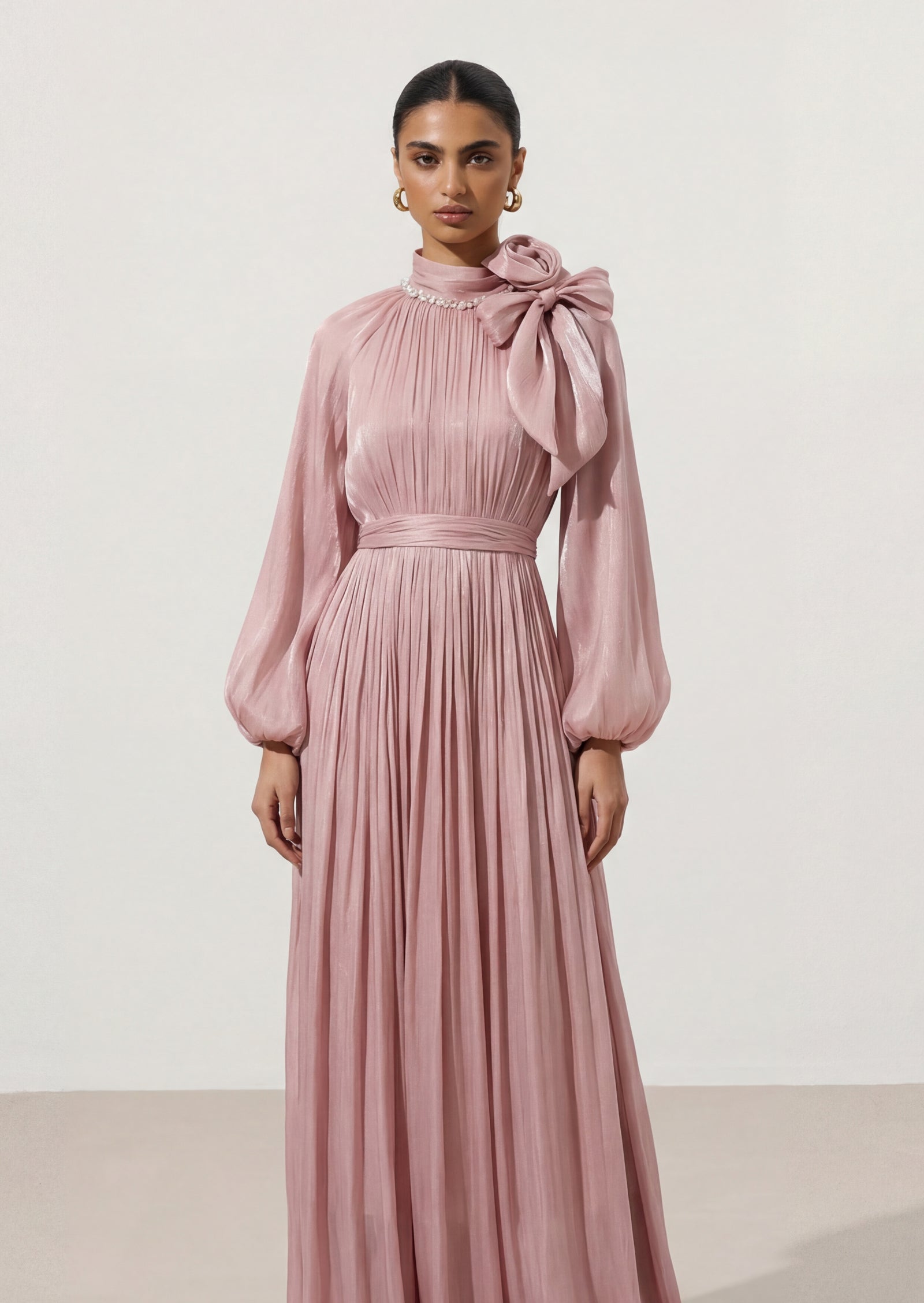 Floral Pleated Glossy Maxi Dress In Pink