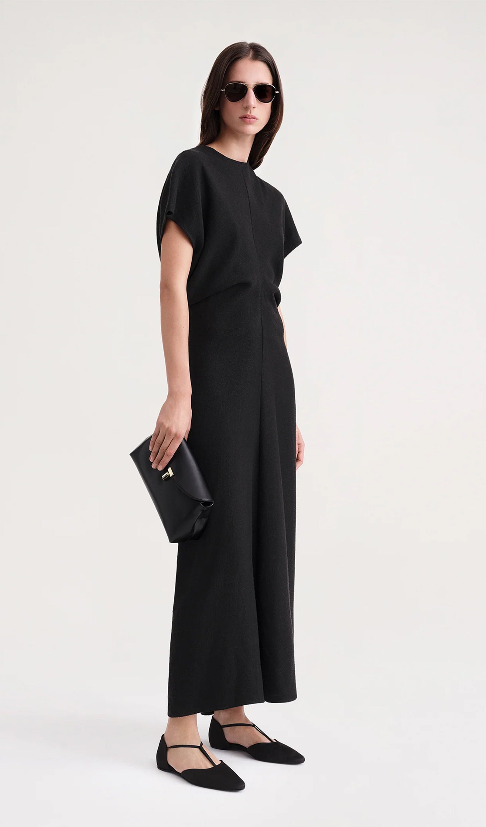 فستان ساتان متوسط ​​الطول بخصر مترهل - أسود 