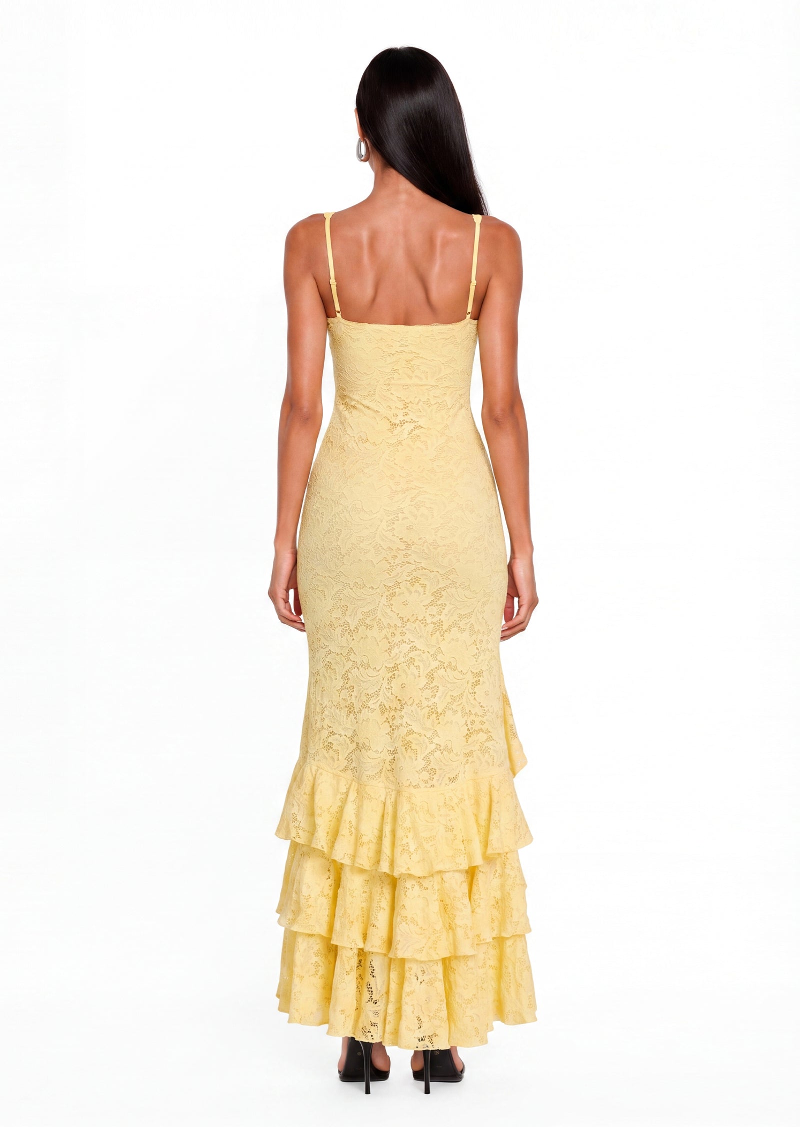 Kalliste Lace Ruffle Maxi Dress In Lemon Yellow
