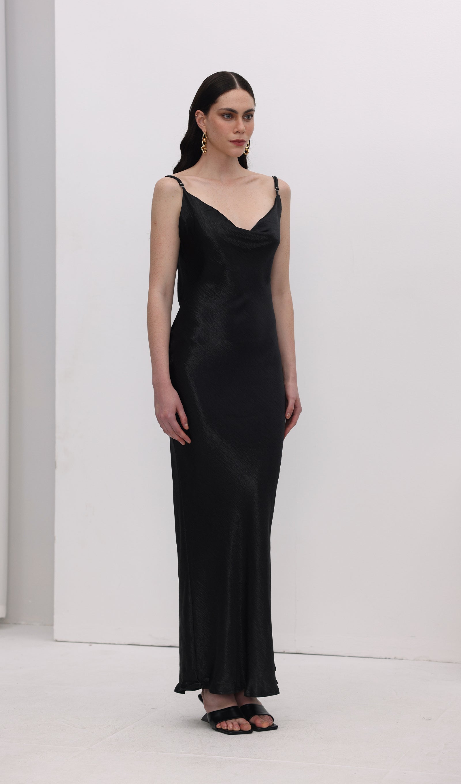 Satin Cowl Neck Backless Slip Dress
