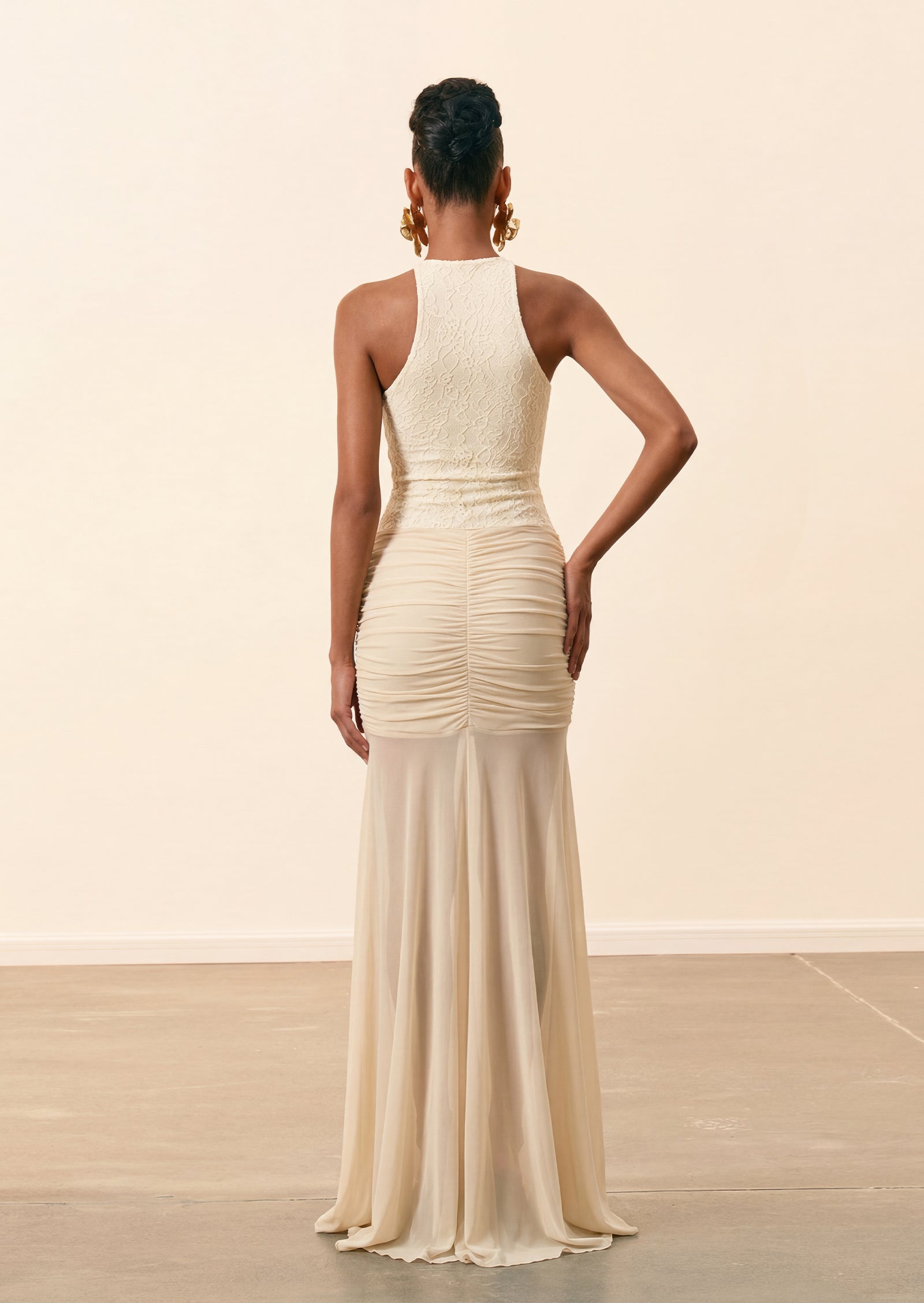 Sabriya Lace And Mesh Dress In Apricot