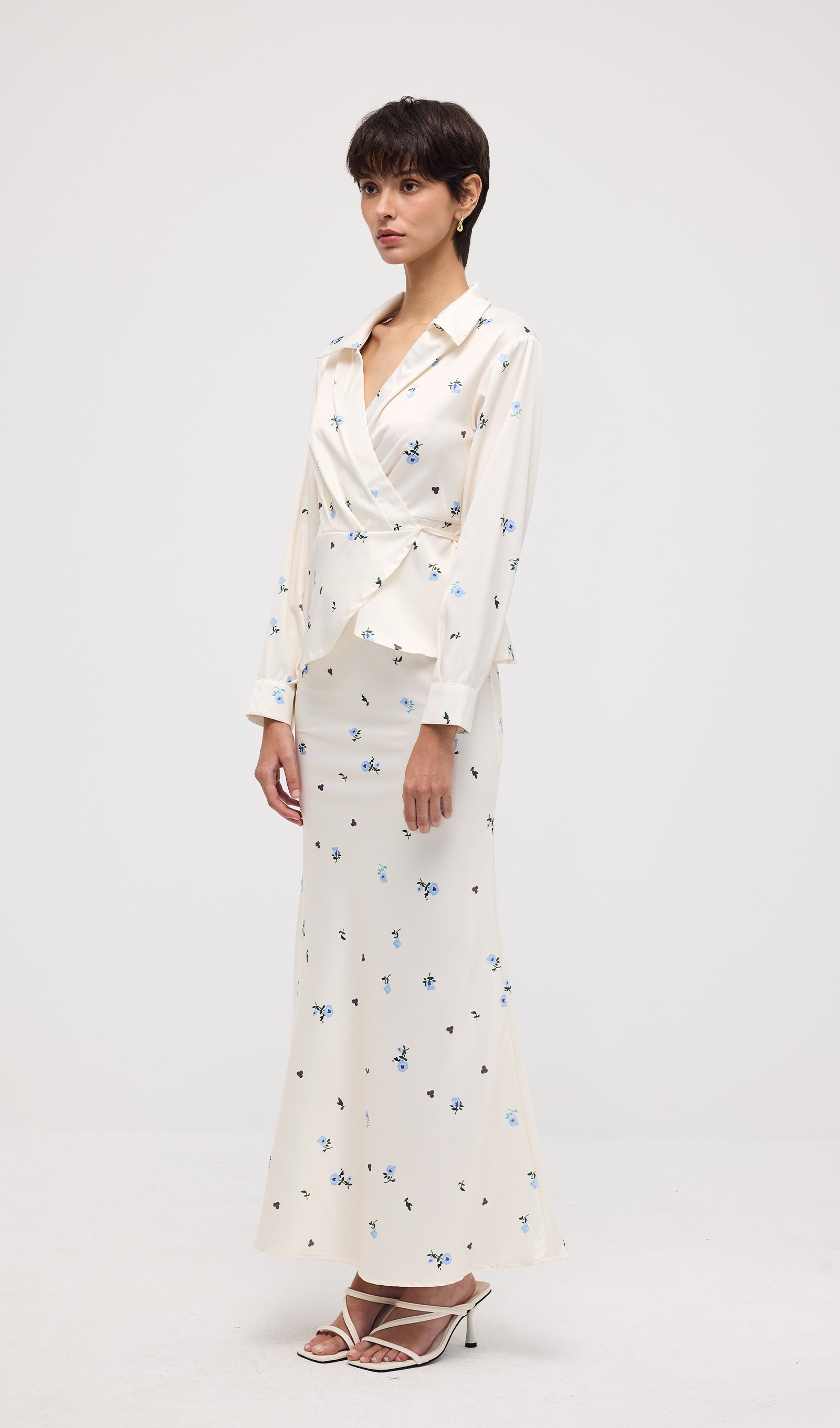 Floral Print Satin Maxi Skirt Two Piece Set