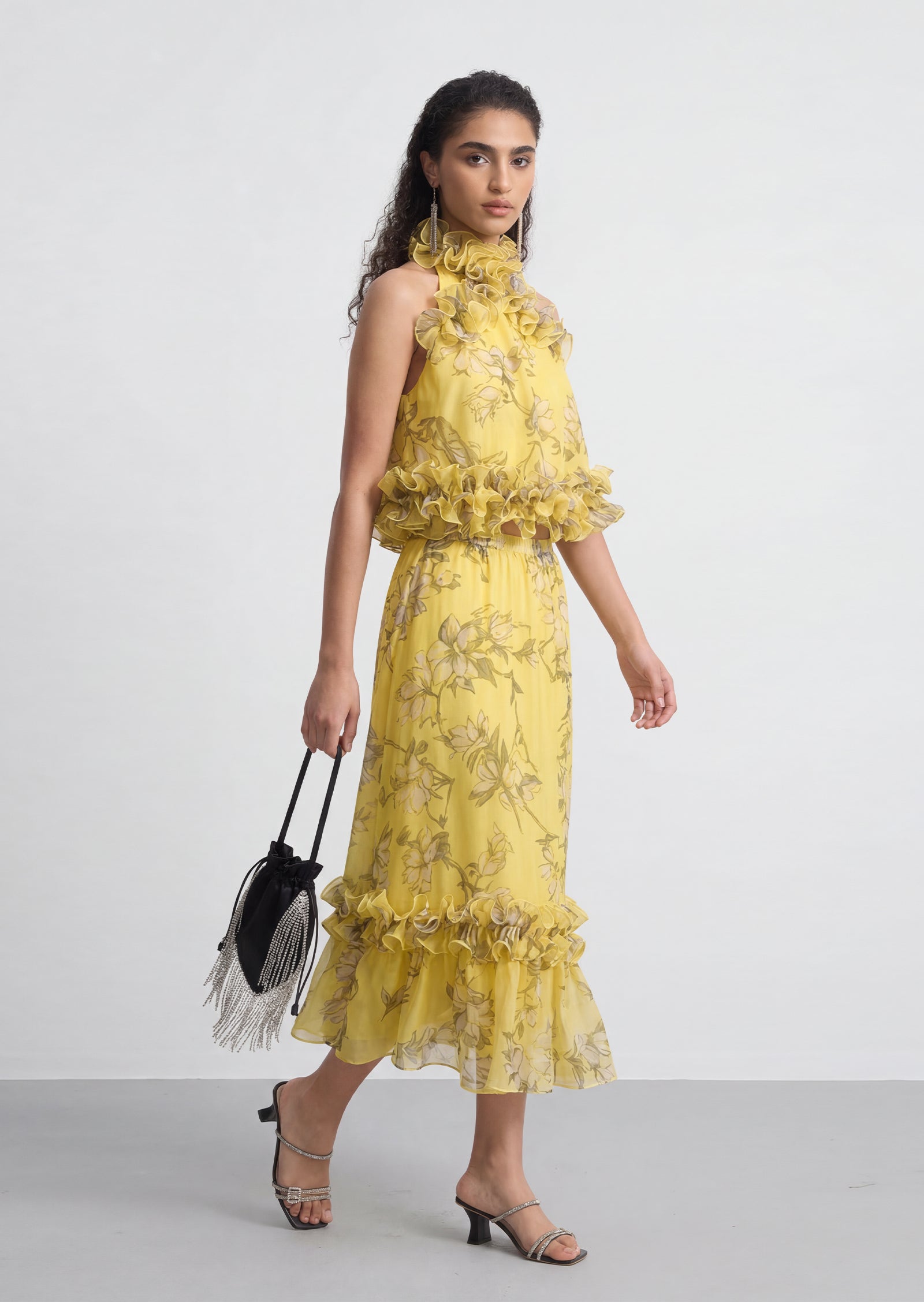 Midikleid in A-Linie mit Blumenmuster und Laternenärmeln