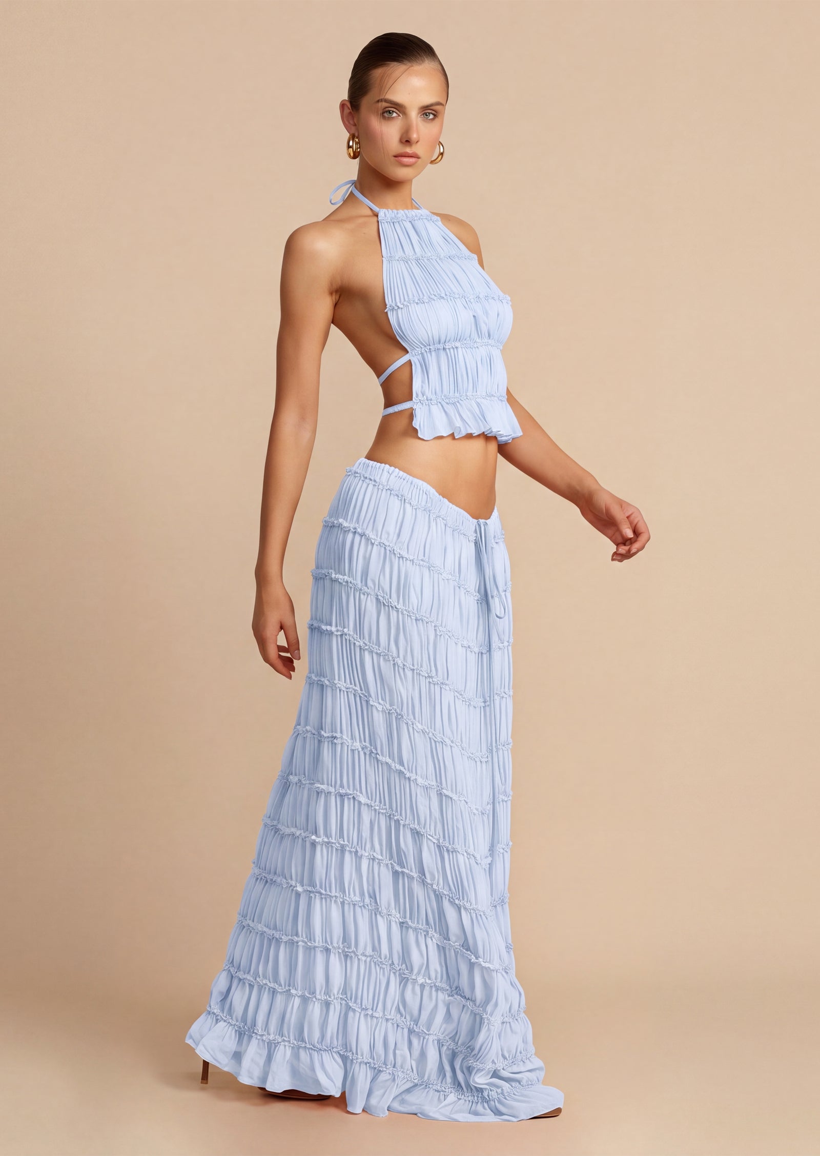 Halter Top & Ruched Detail Maxi Skirt Sets