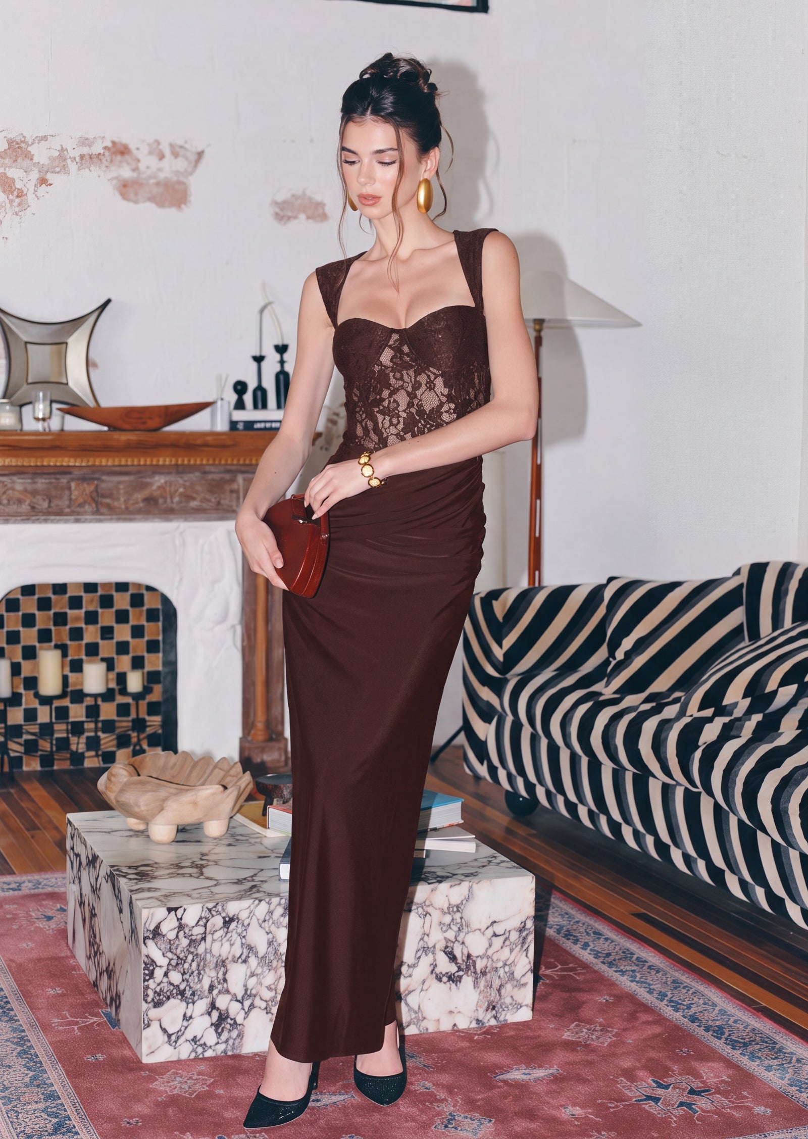 Adaiba Lace Bustier Draped Maxi Dress In Brown