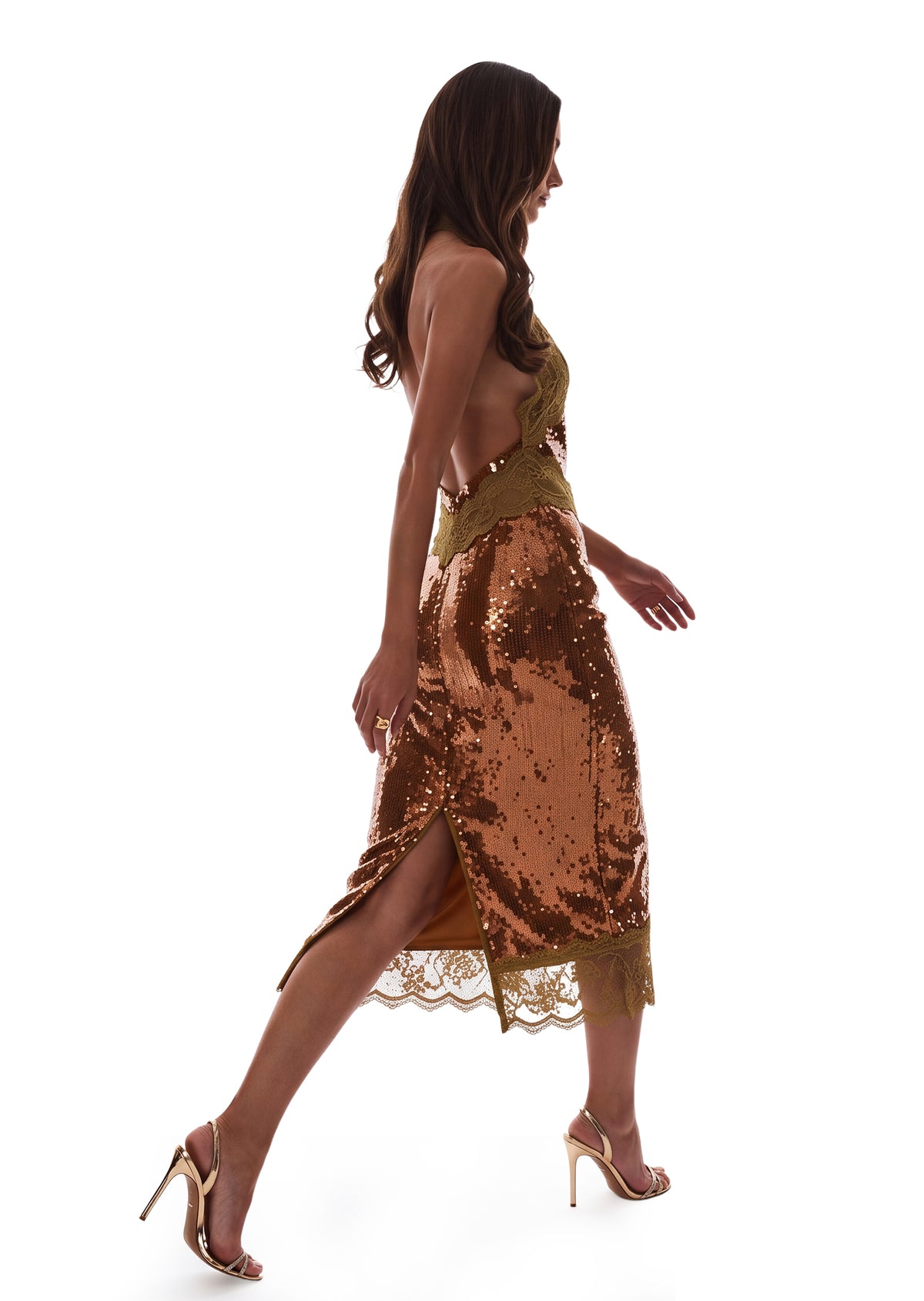 Julieta Sequin Lace Midi Dress In Brown