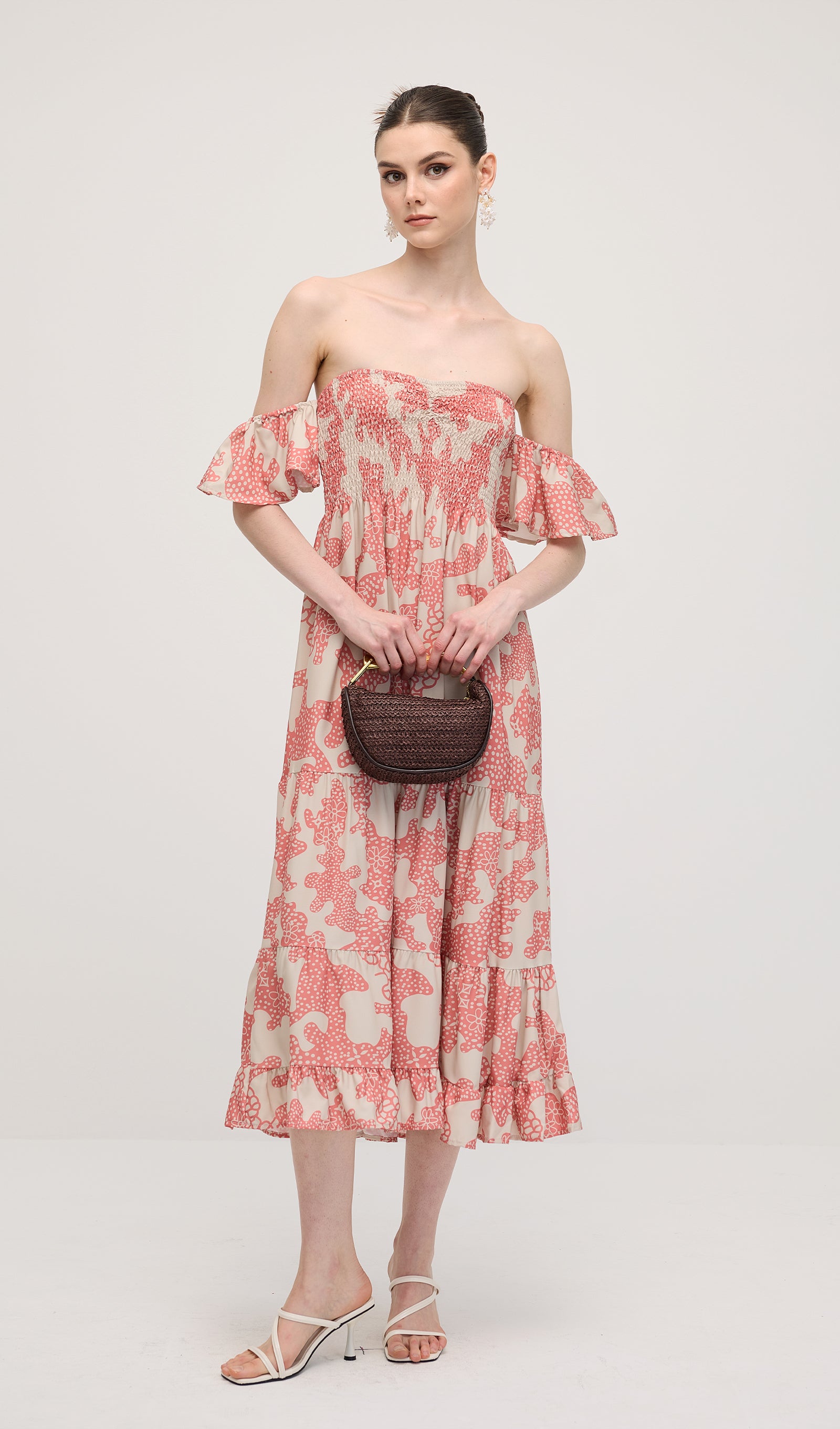 Off Shoulder Smocked Ruffle Printed Midi Dress