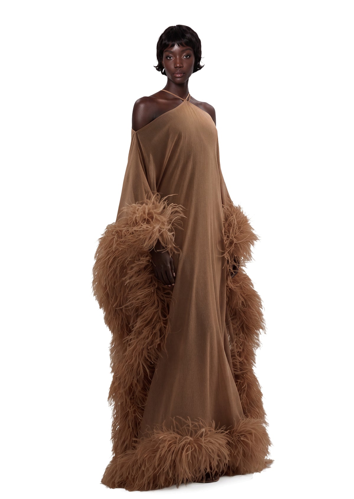 Paget Halter Neck Ostrich Feather Maxi Dress In Camel