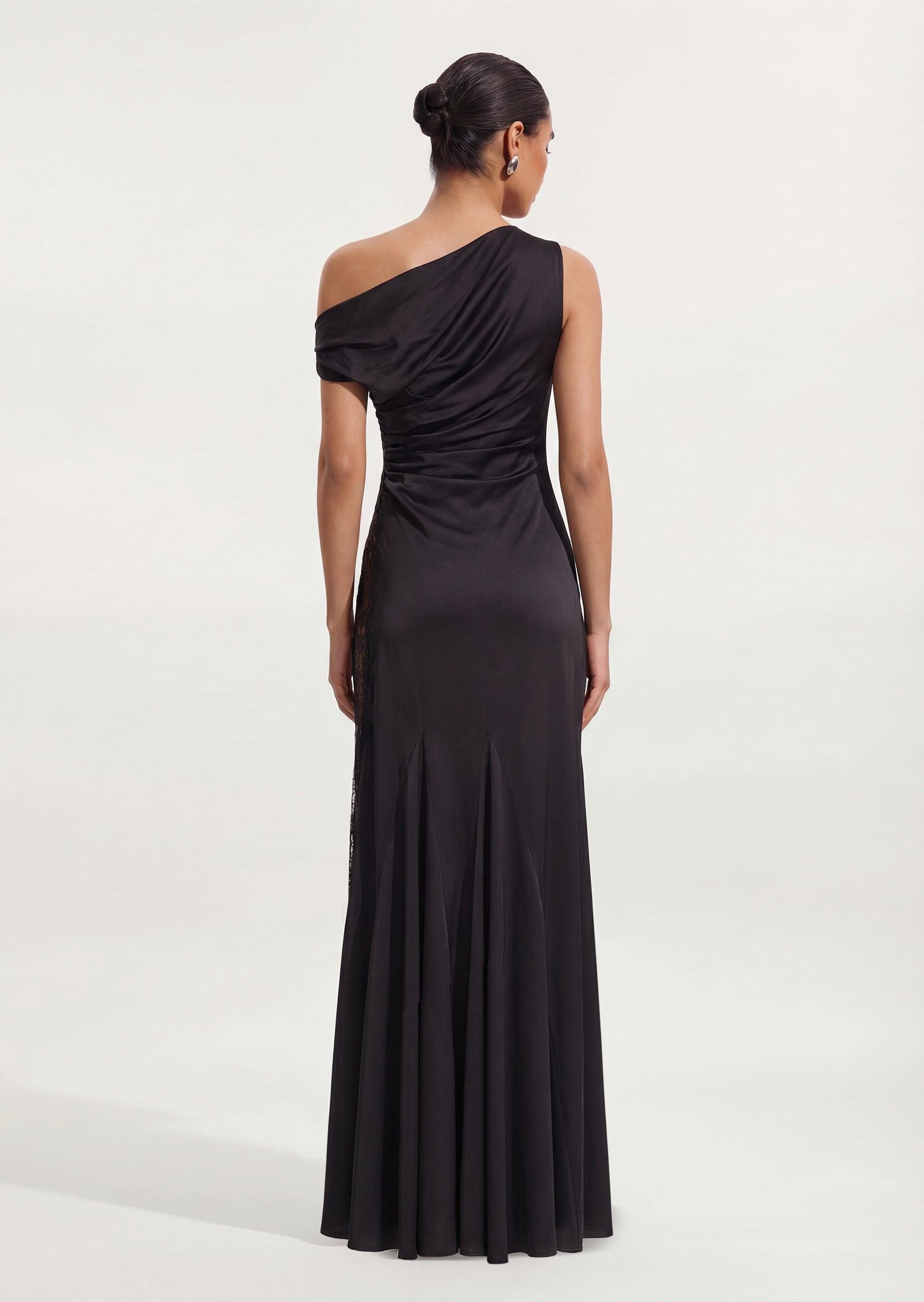 One Shoulder Lace Satin Maxi Dress