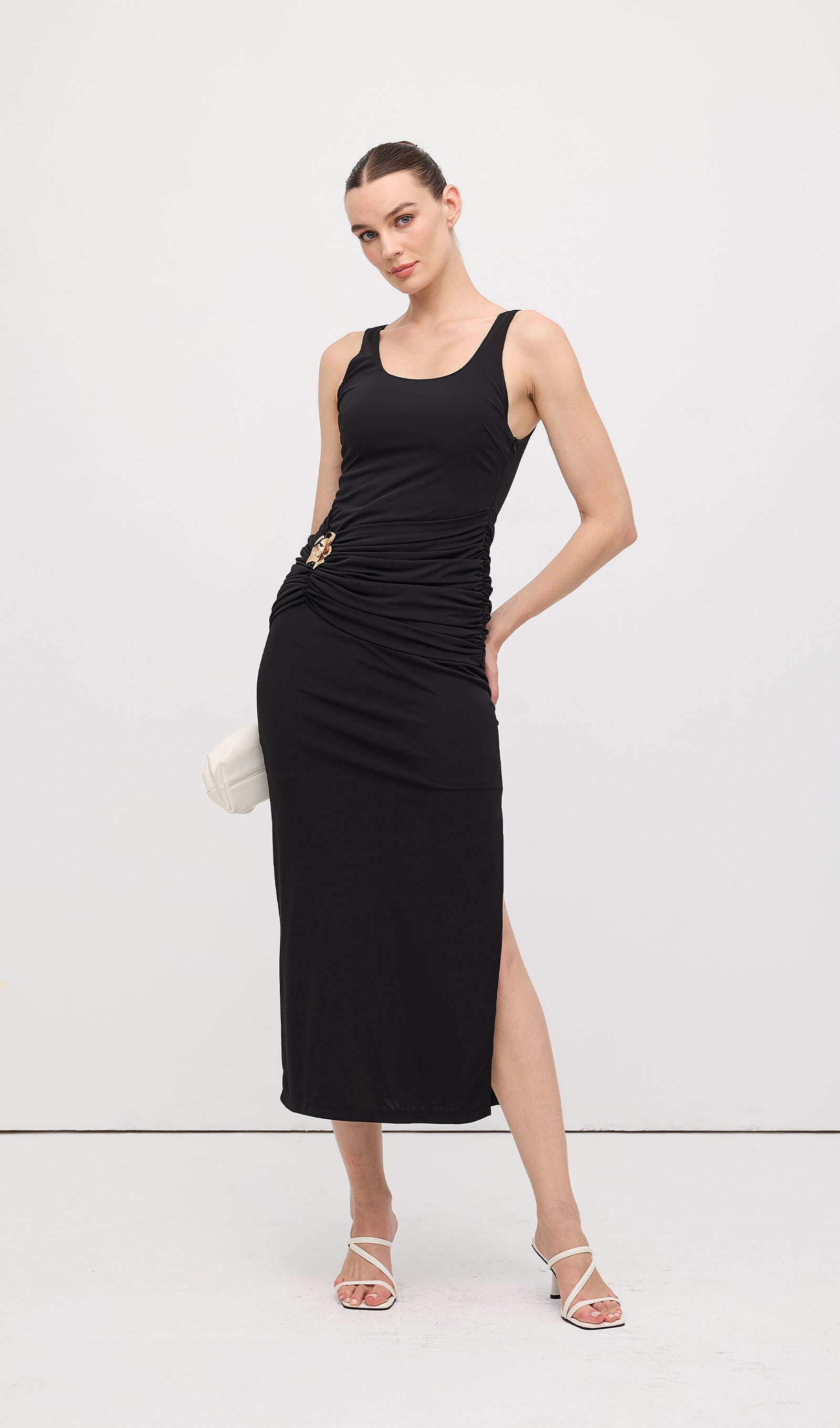 Sleeveless Pleats At Waist Midi Dress