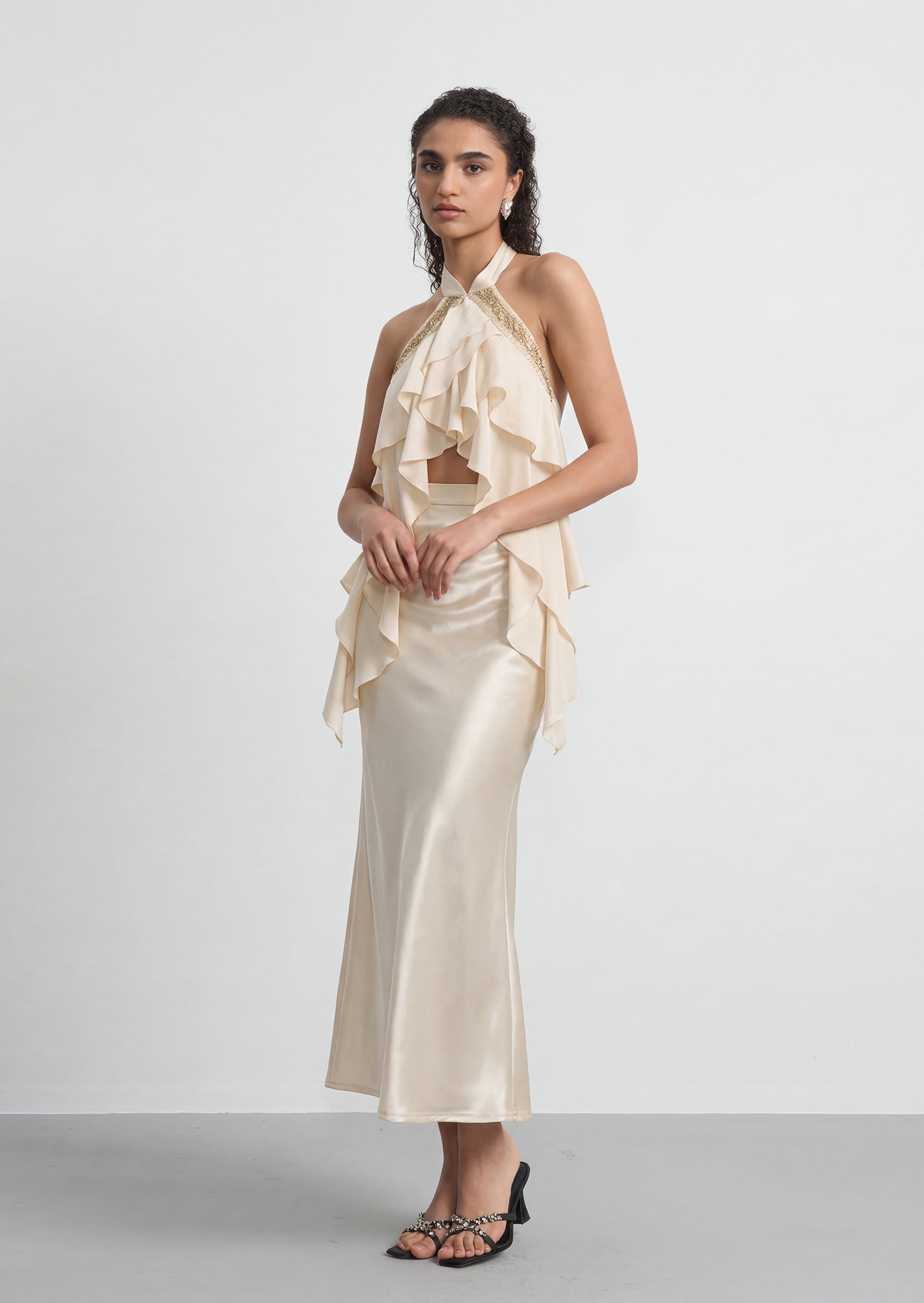 Romelle Halter Ruffled Top & Maxi Satin Skirt Set