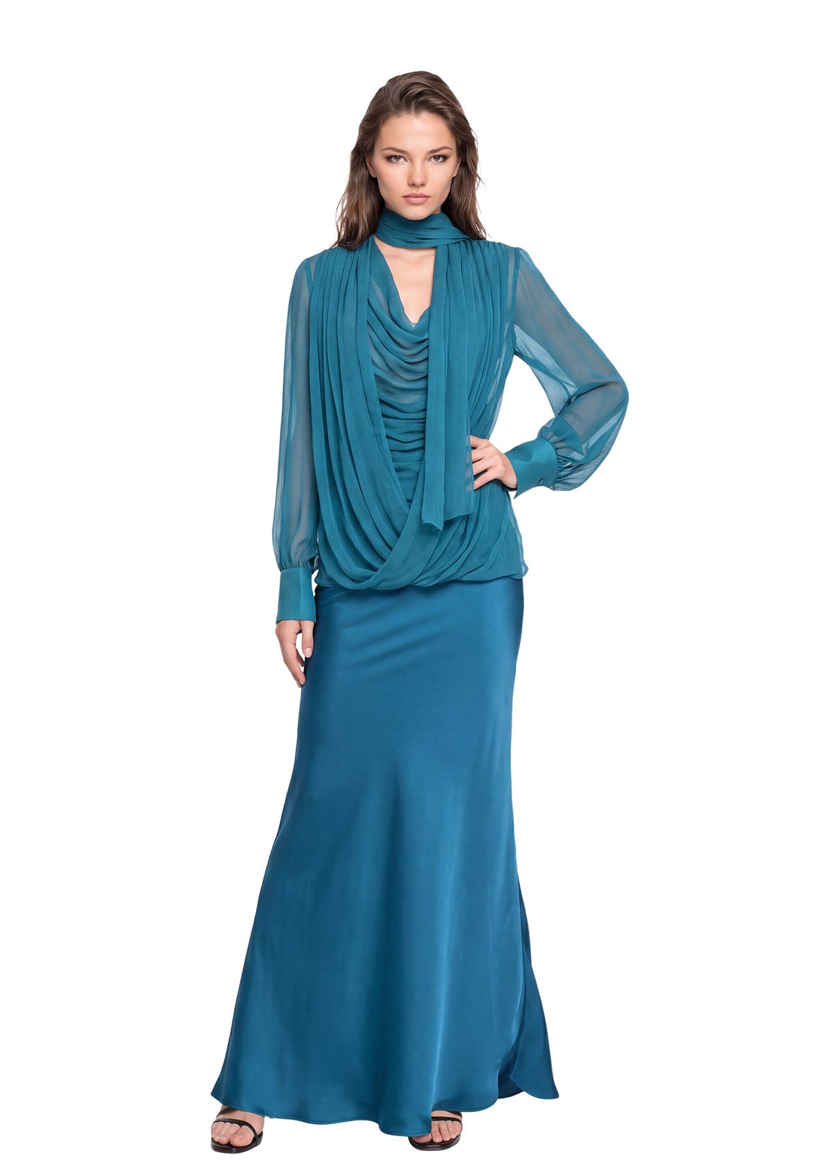 Midikleid in A-Linie mit Blumenmuster und Laternenärmeln