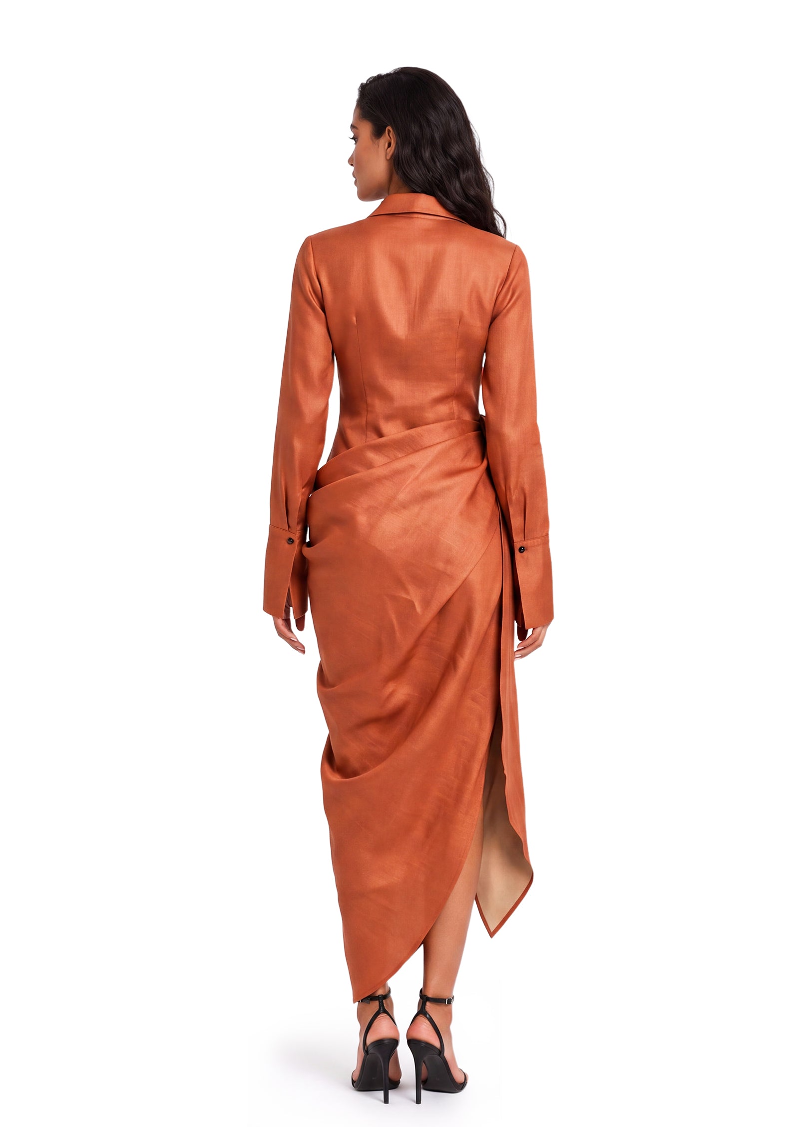 Wafai Ruffled Ribbon Shirt Midi Dress In Orange