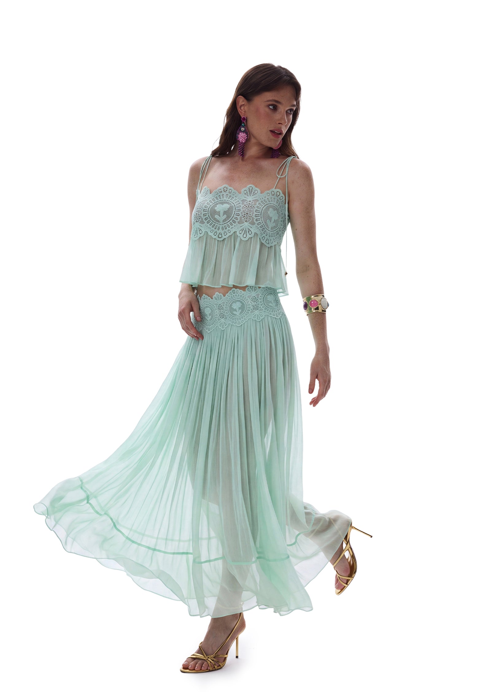 Saber Embroidered Top And Chiffon Skirt Set