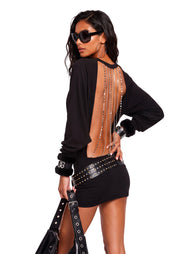Yamha Open Back Crystal Chain Knit Mini Dress