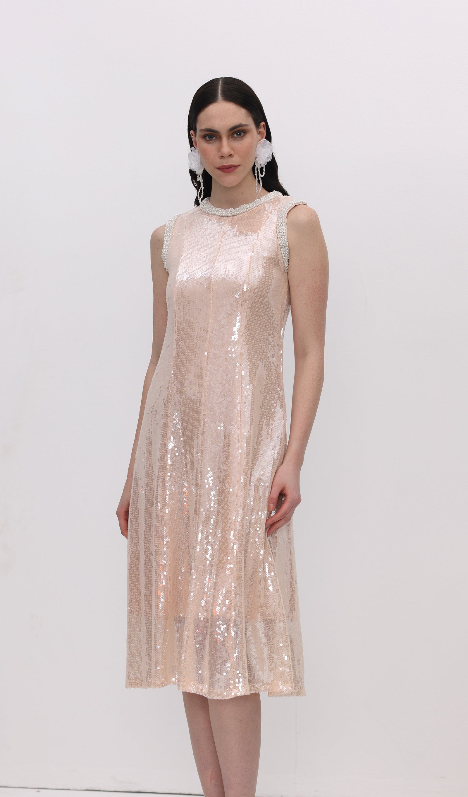 Sequin Embellished Pearl Trim Midi Dress