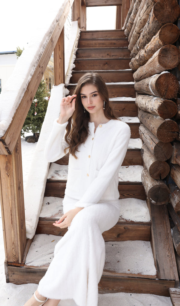 Fluffy Knitted Cardigan & Maxi Skirt Set White