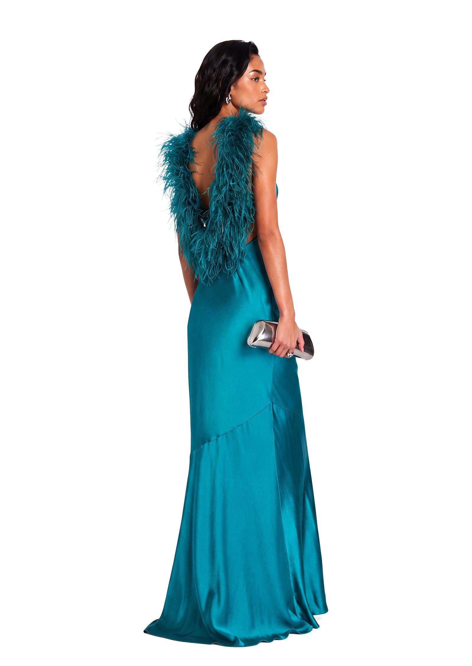 Walden Feather Collar Satin Maxi Dress