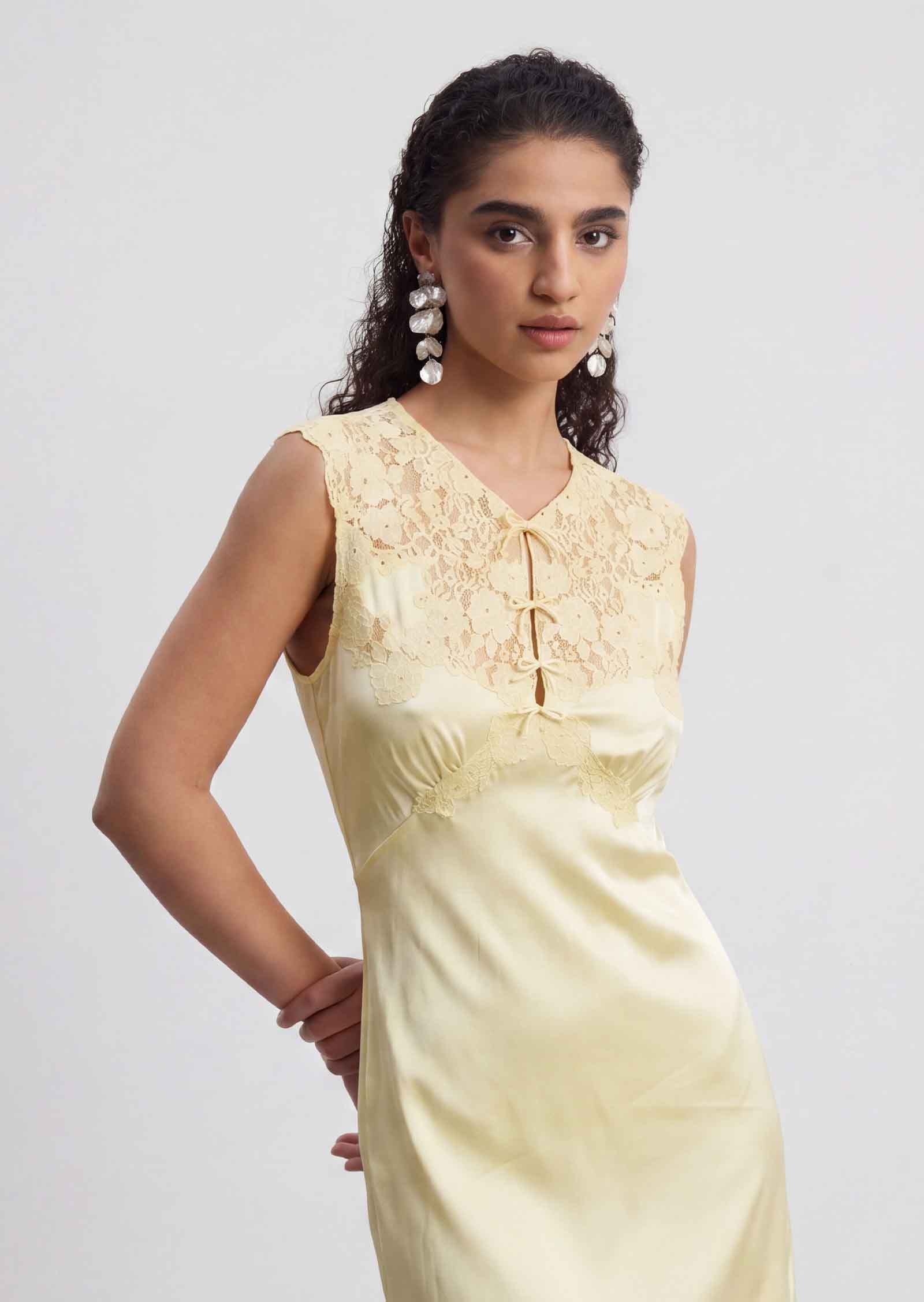 Marcelle Satin Midi Dress With Lace In Pale Yellow