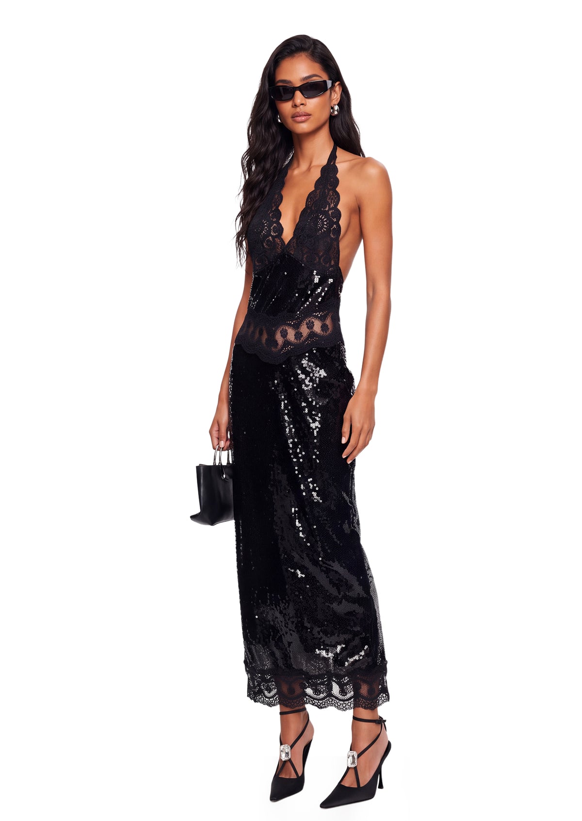 Yaretzi Halter Neck Lace  Sequin Midi Dress