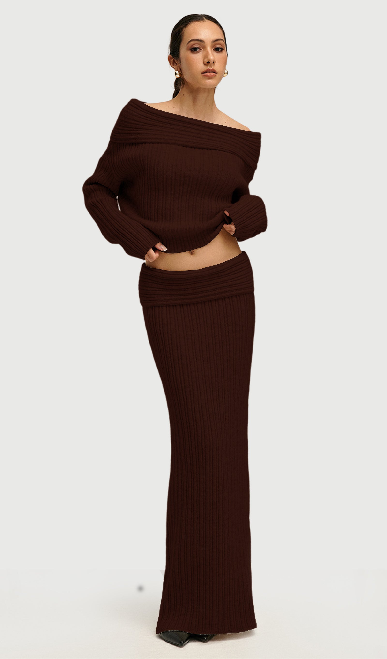 Off Shoulder Knitted Two Piece Set In Coffee