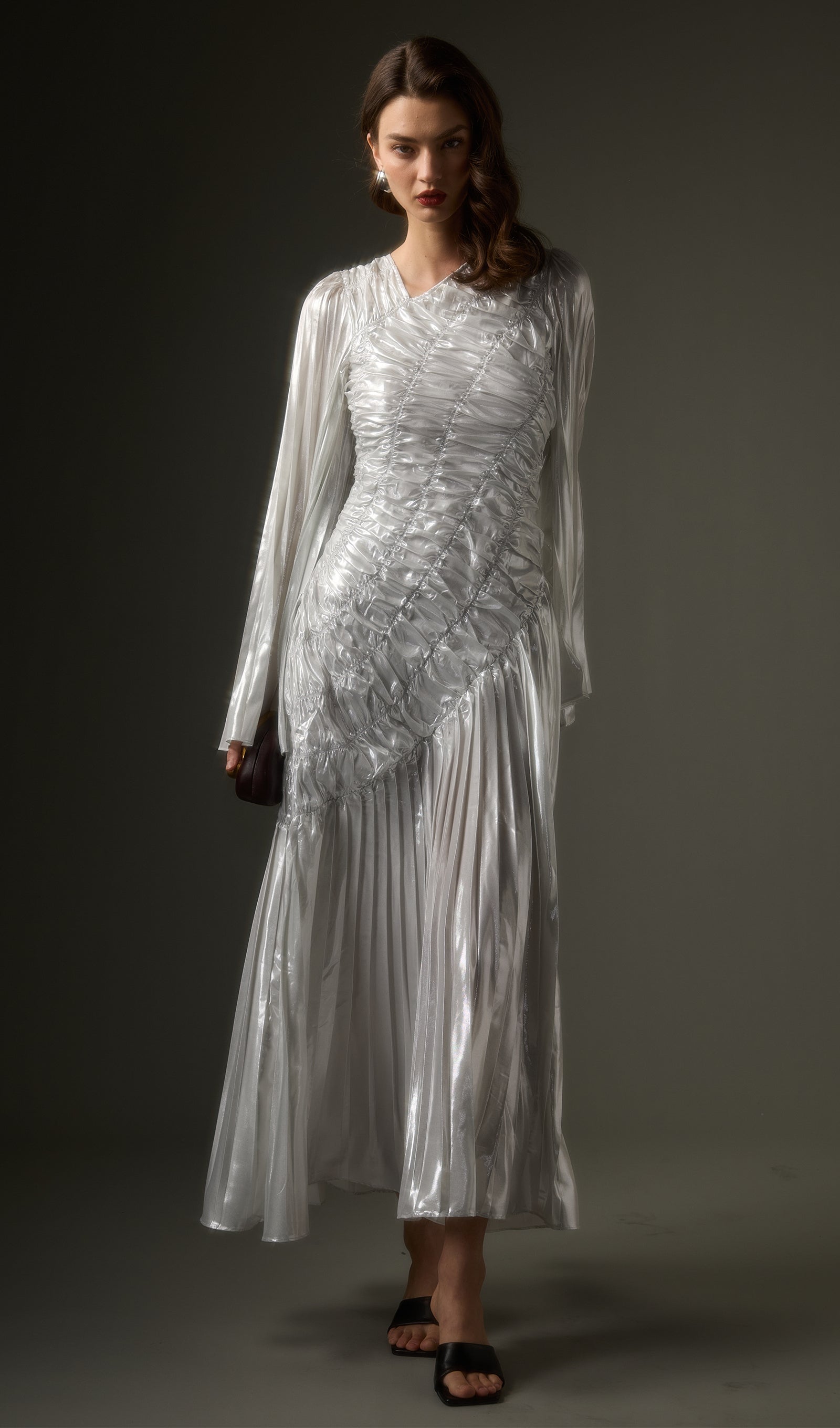 Metallic Long Sleeve Maxi Dress In Silver