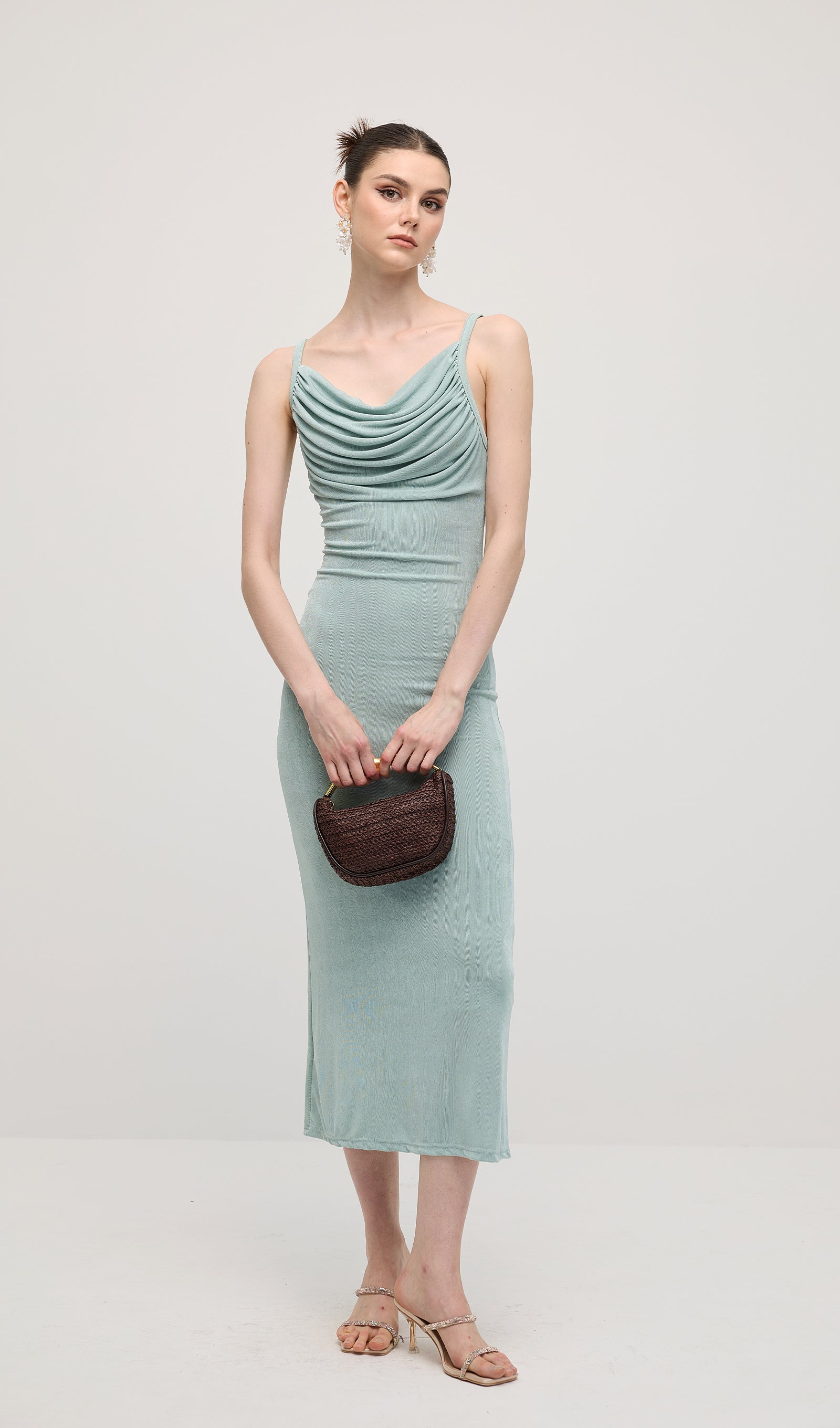 Solid Ruched Sleeveless Midi Dress