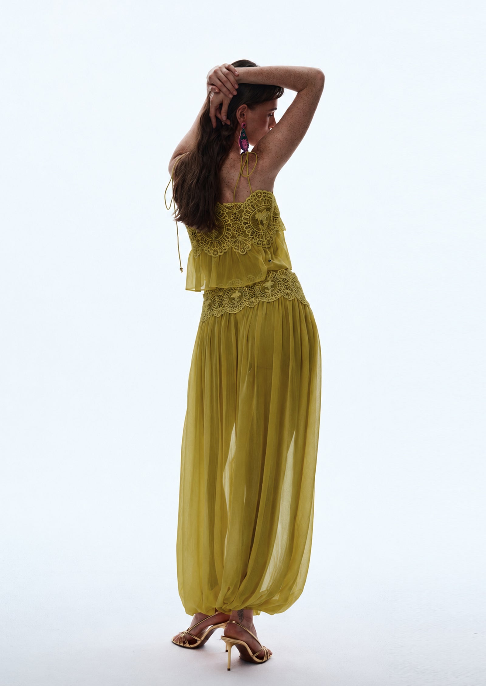 Luenie Chiffon Top & Pant Two Piece Set In Mustard Green