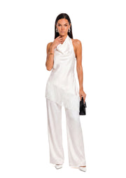 Wahkan Fringe Halter Top & Satin Pants Set In White