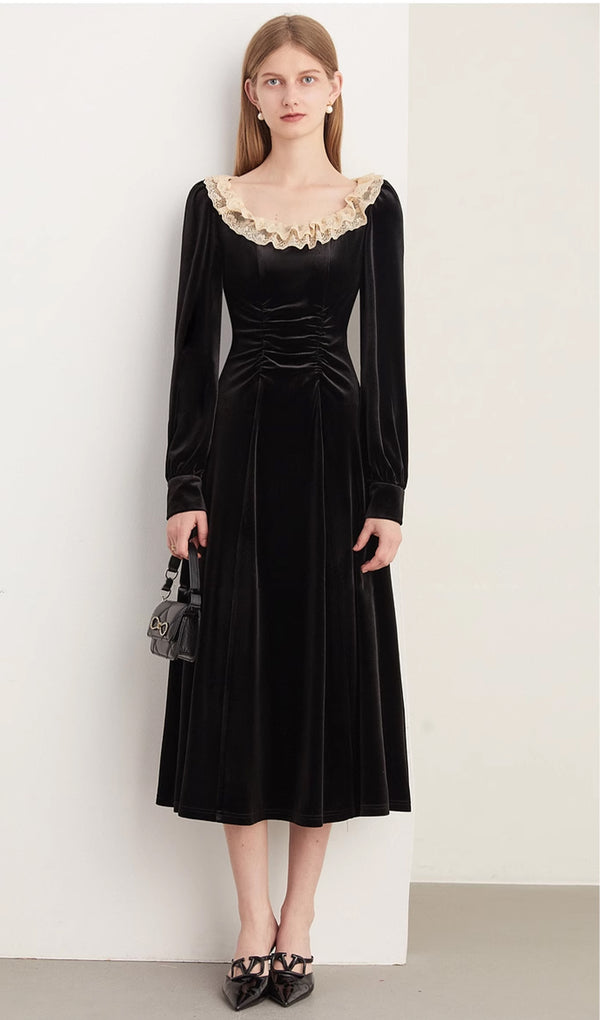 Black Velvet Square Lace Collar Midi Dress