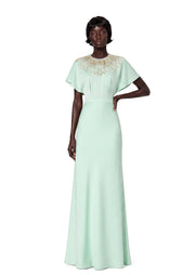 Gaby Short Sleeve Satin Maxi Dress In Green
