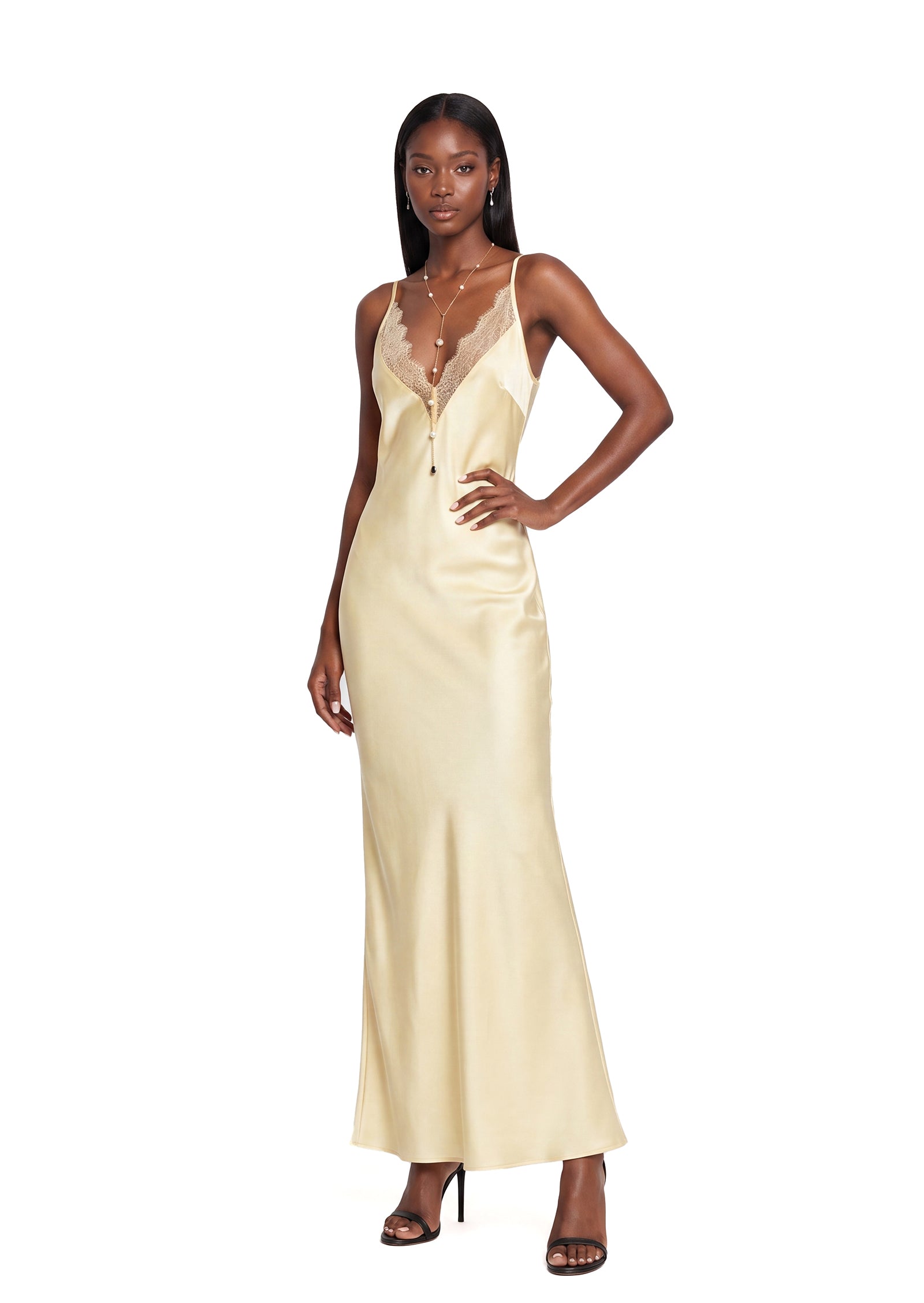 Vagn Deep V Neck Satin Maxi Dress With Lace
