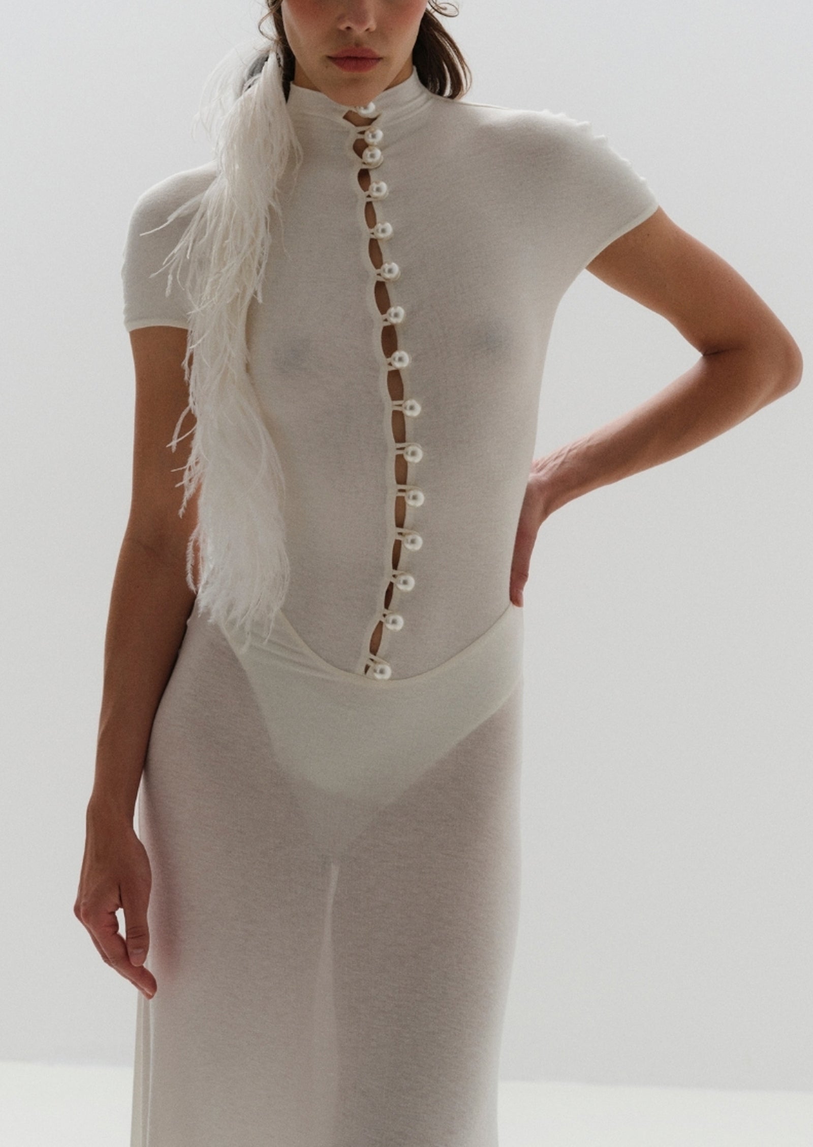 Short Sleeved Sheer Button Maxi Dress In White