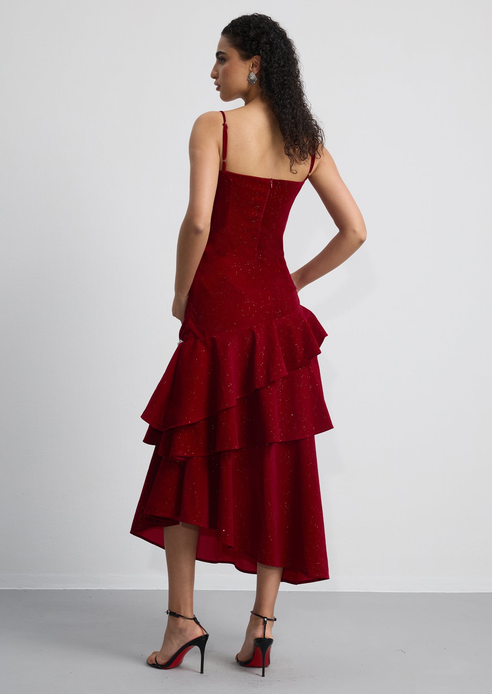 Asymmetrical Ruffled Crystal-Embellished Midi Dress